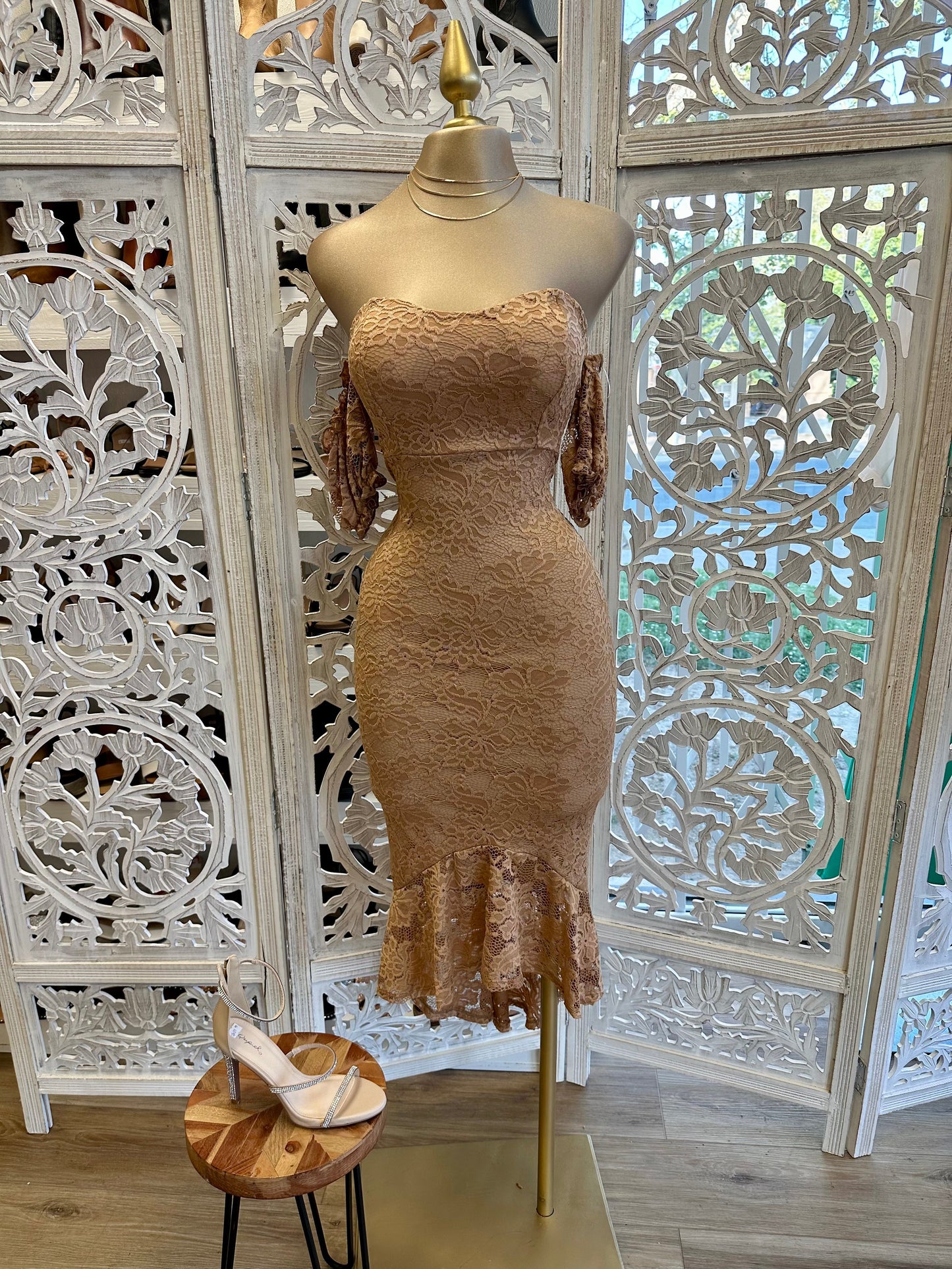 Nude Lace Midi Off Shoulder Dress