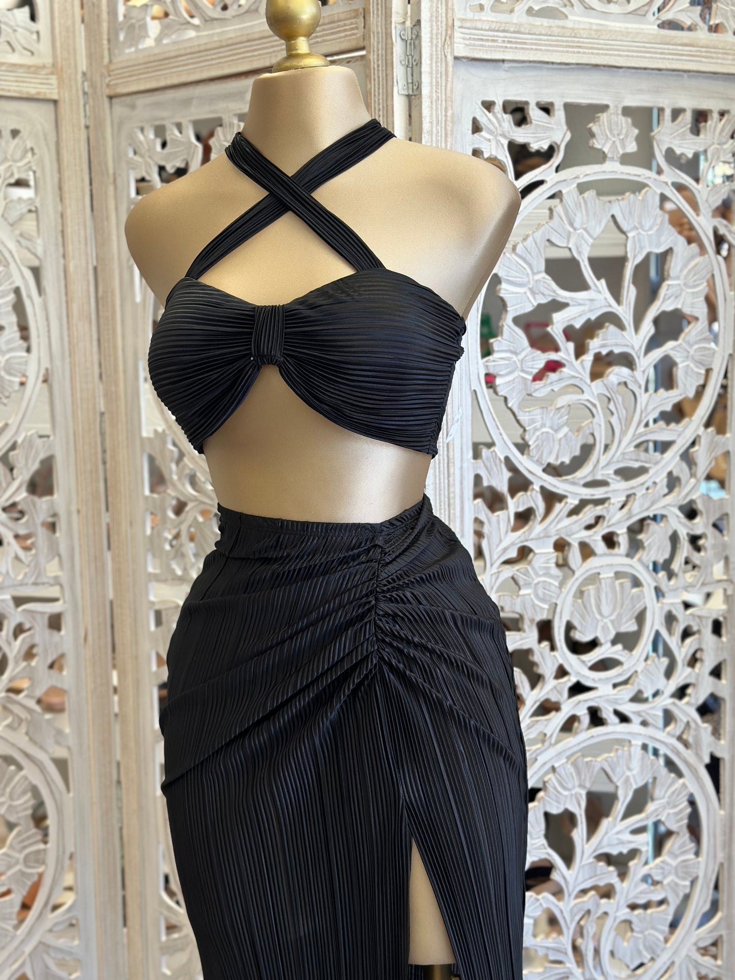 Black Crossfront Pleated Set