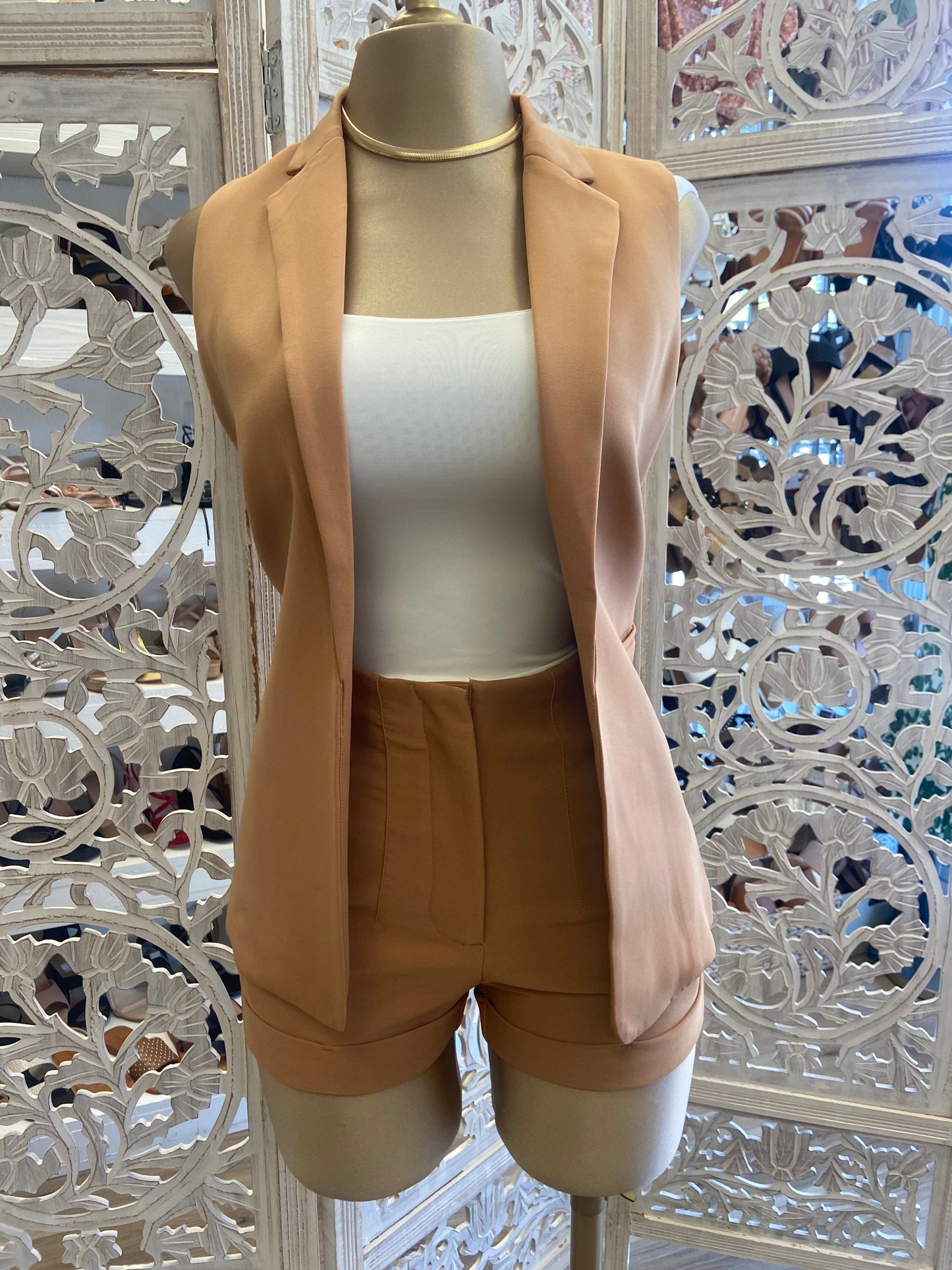 Brown Vest Blazer Short Set