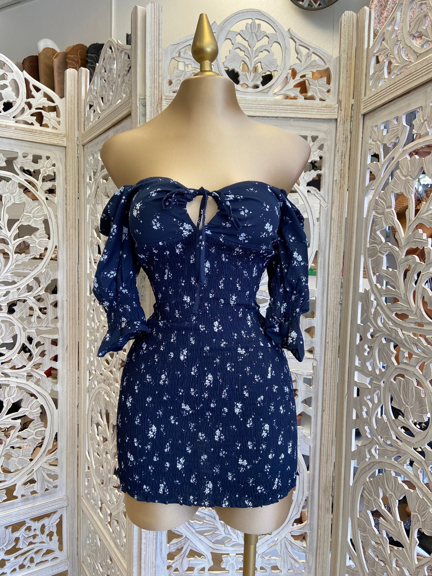 Navy Floral Smocked Dress