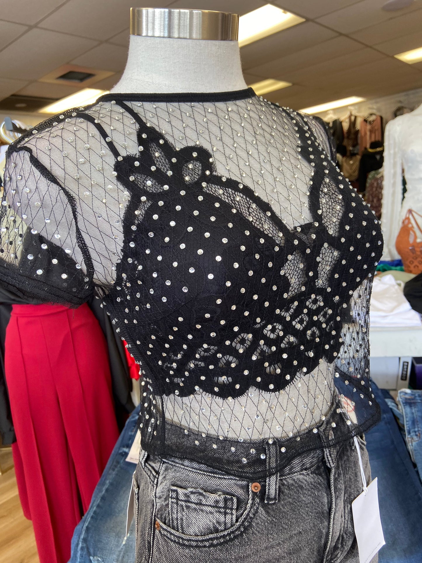 Rhinestone Mesh Top