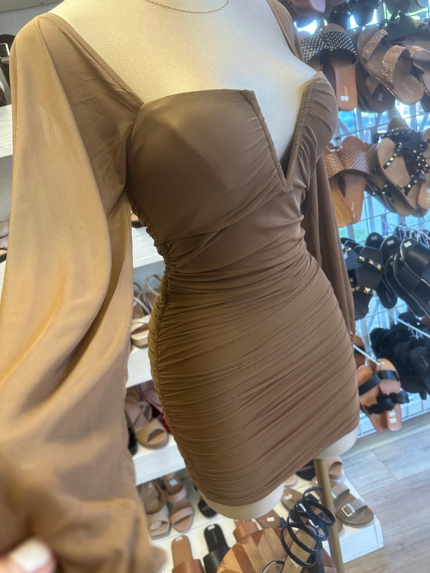 Brown V Bell Sleeve Mini Dress