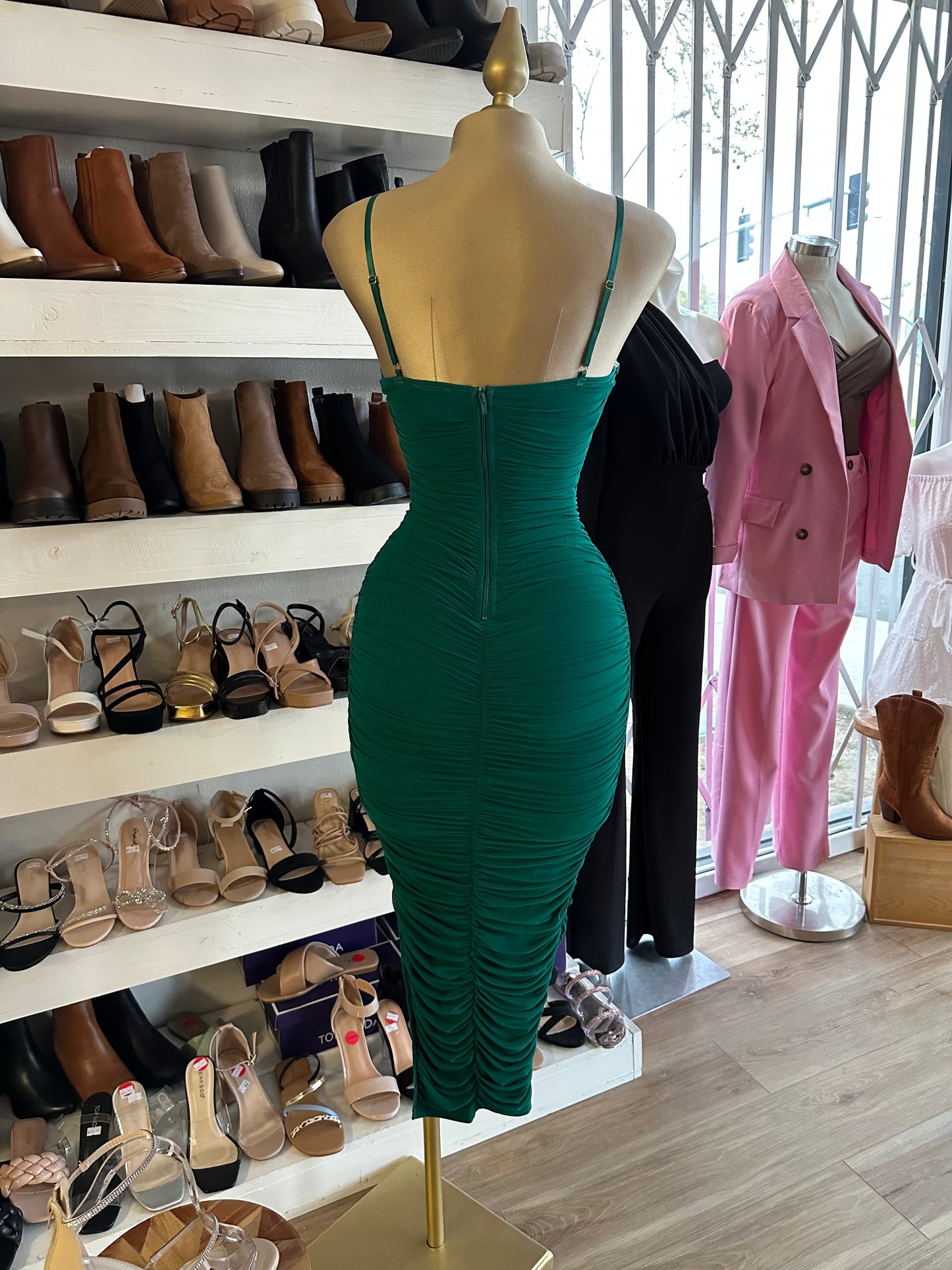 Green Mesh Ruched Dress