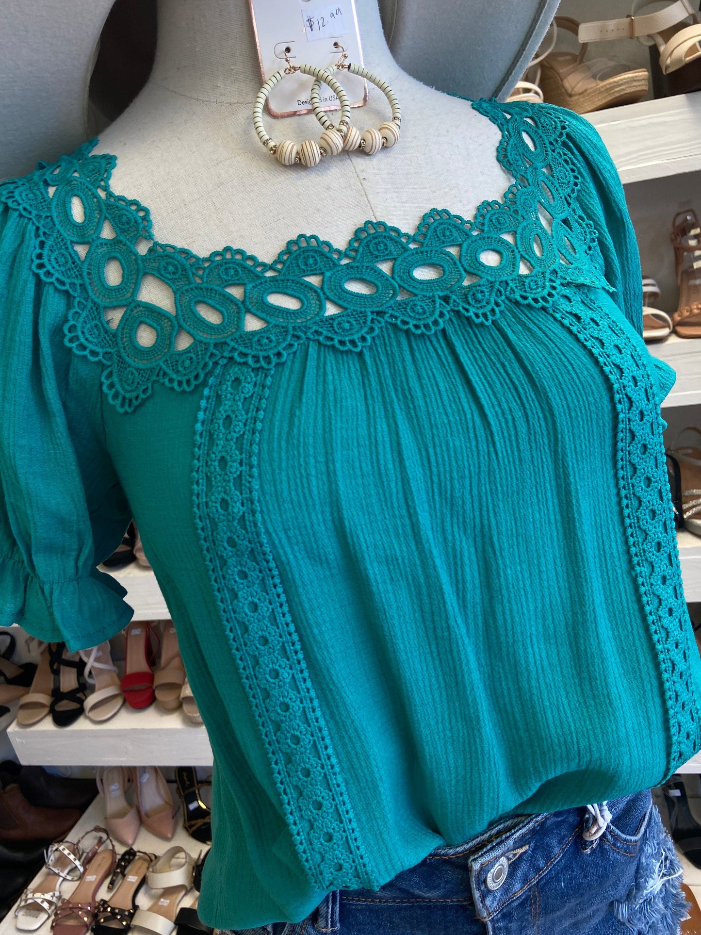 Turquoise Lace Trim Blouse