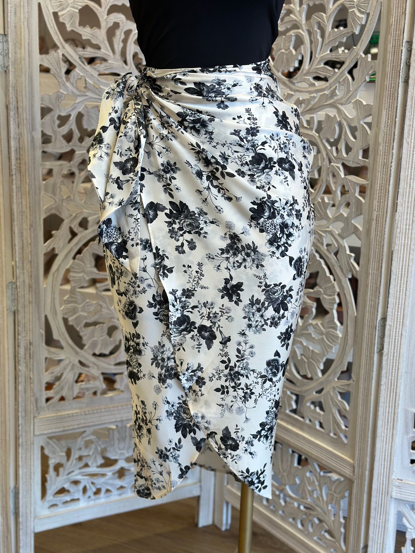 Black Floral Draped Skirt