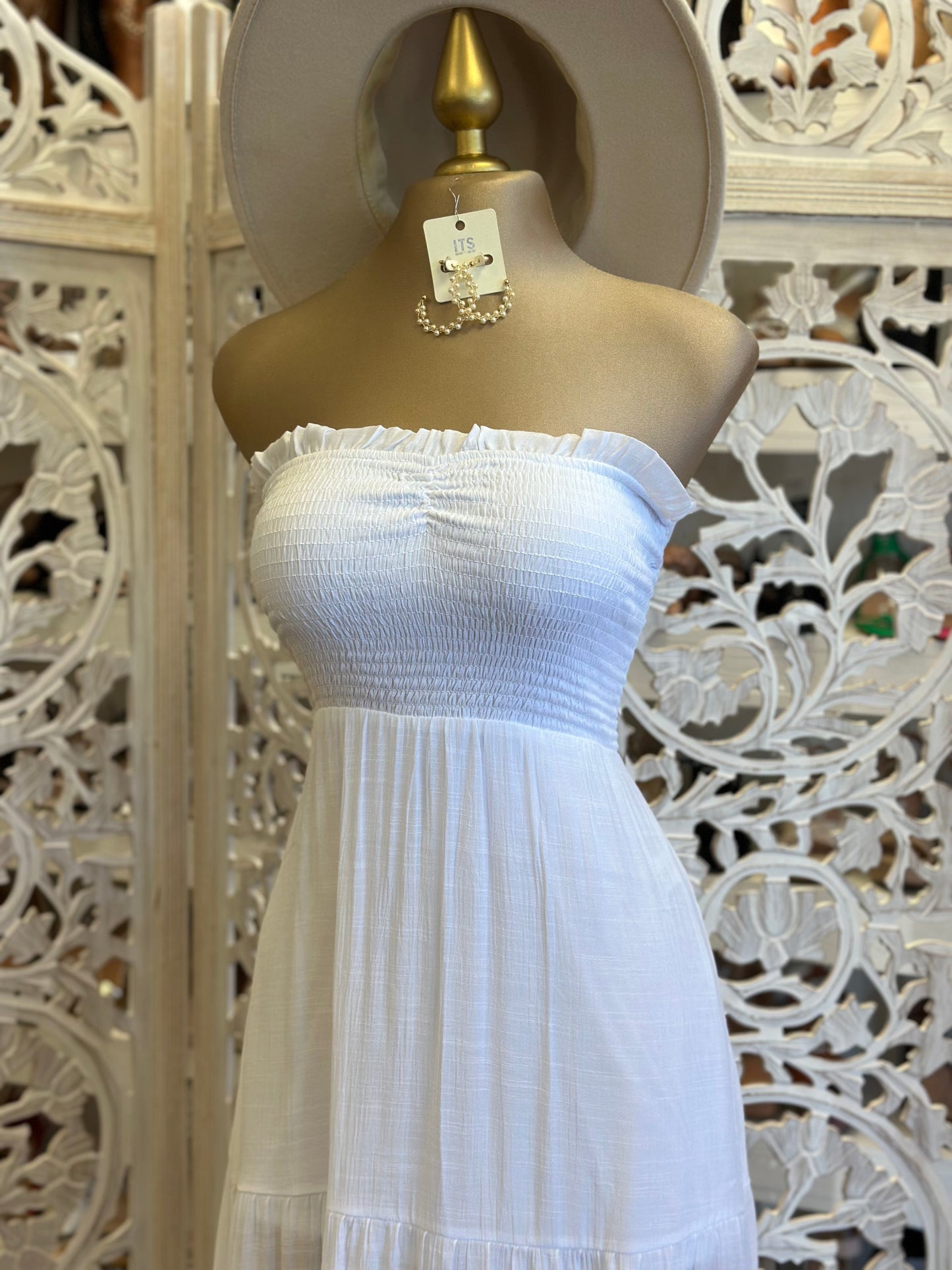 White Strapless Smocked Midi Dress