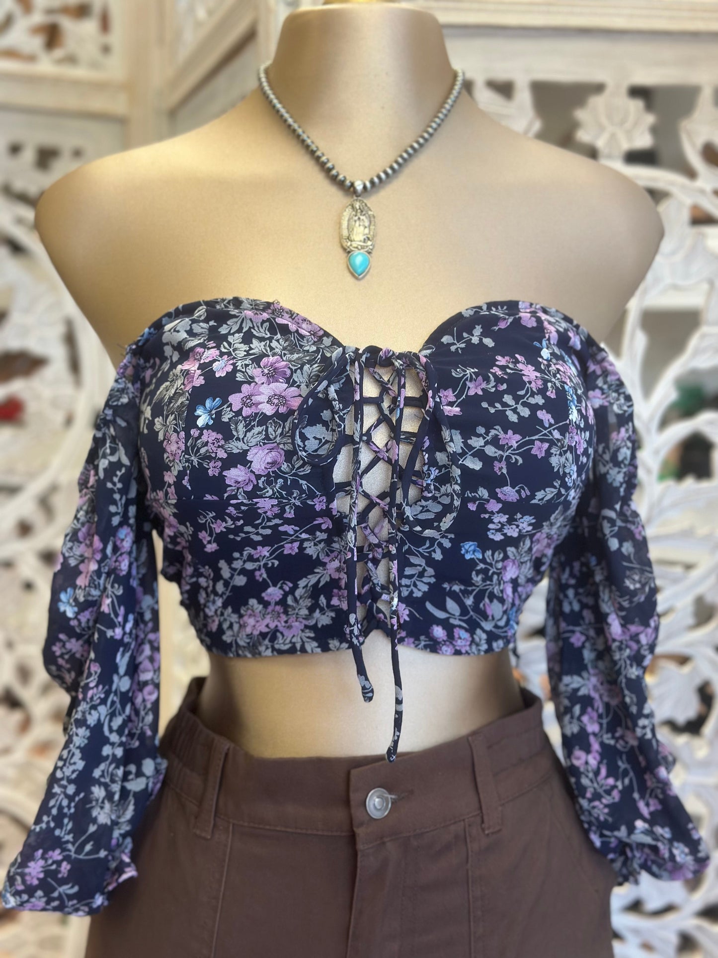 Purple Floral Tie Up Crop