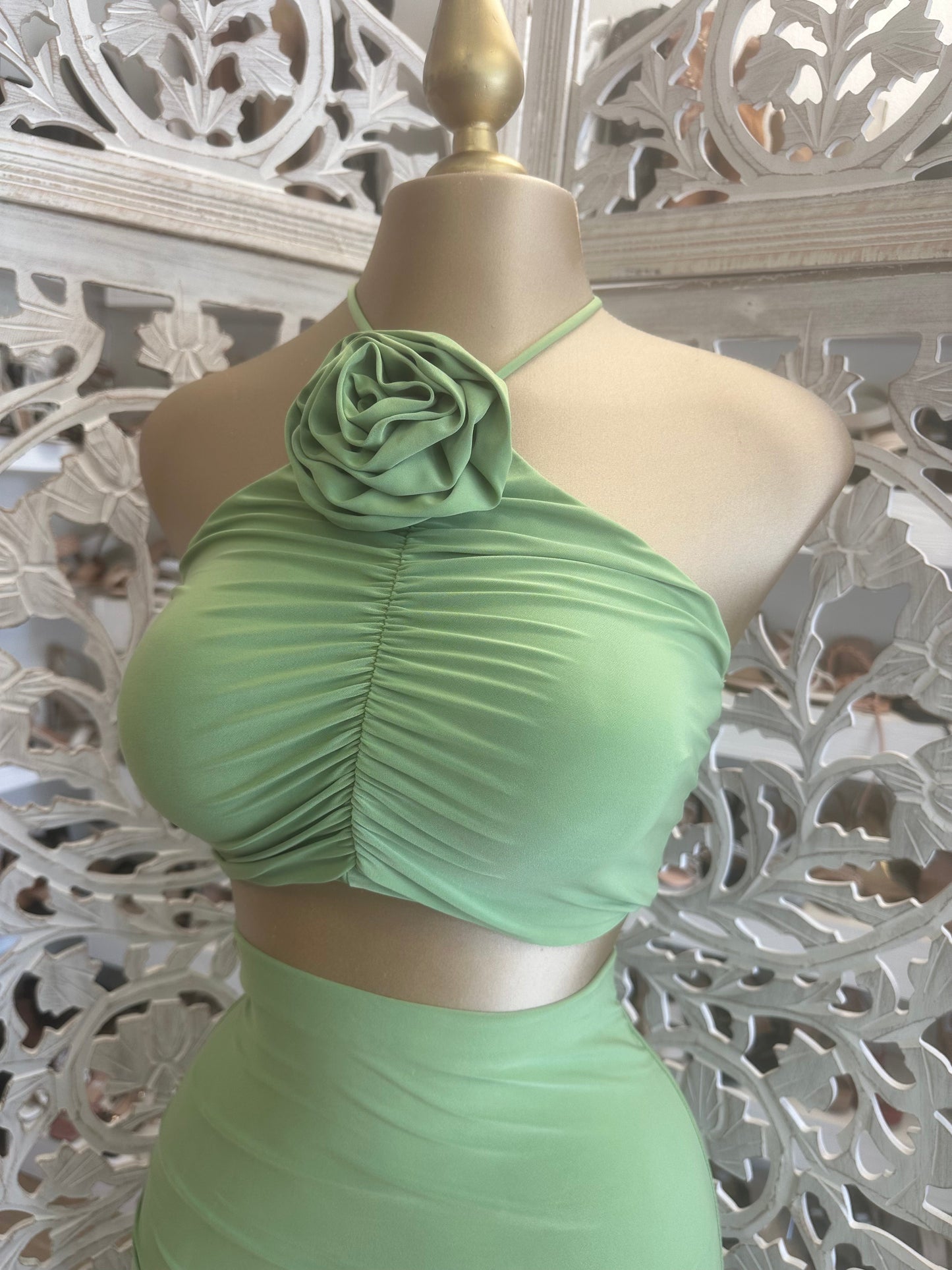 Green Flower Detail Ruched Set