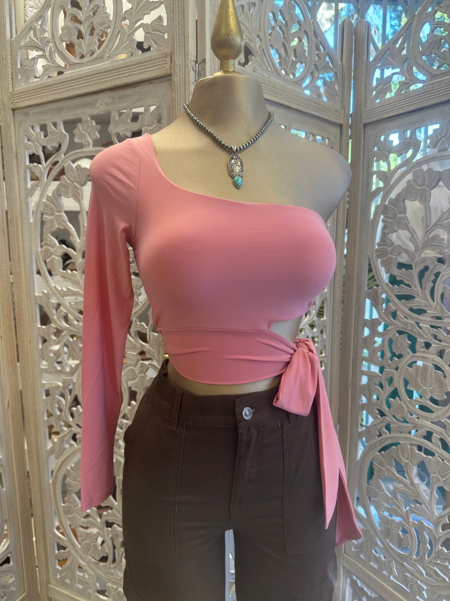 Pink One Sleeve Cutout Crop