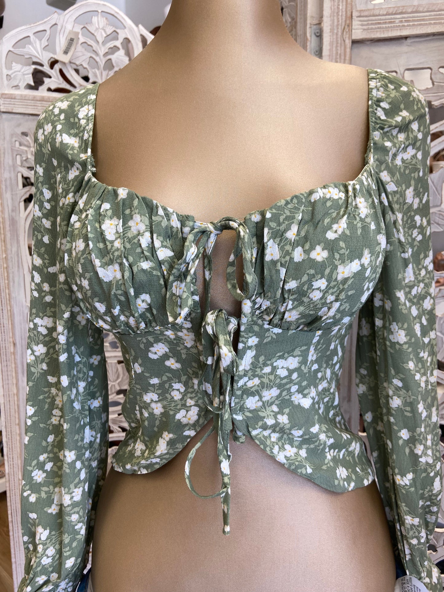 Green Floral Tie Up Top