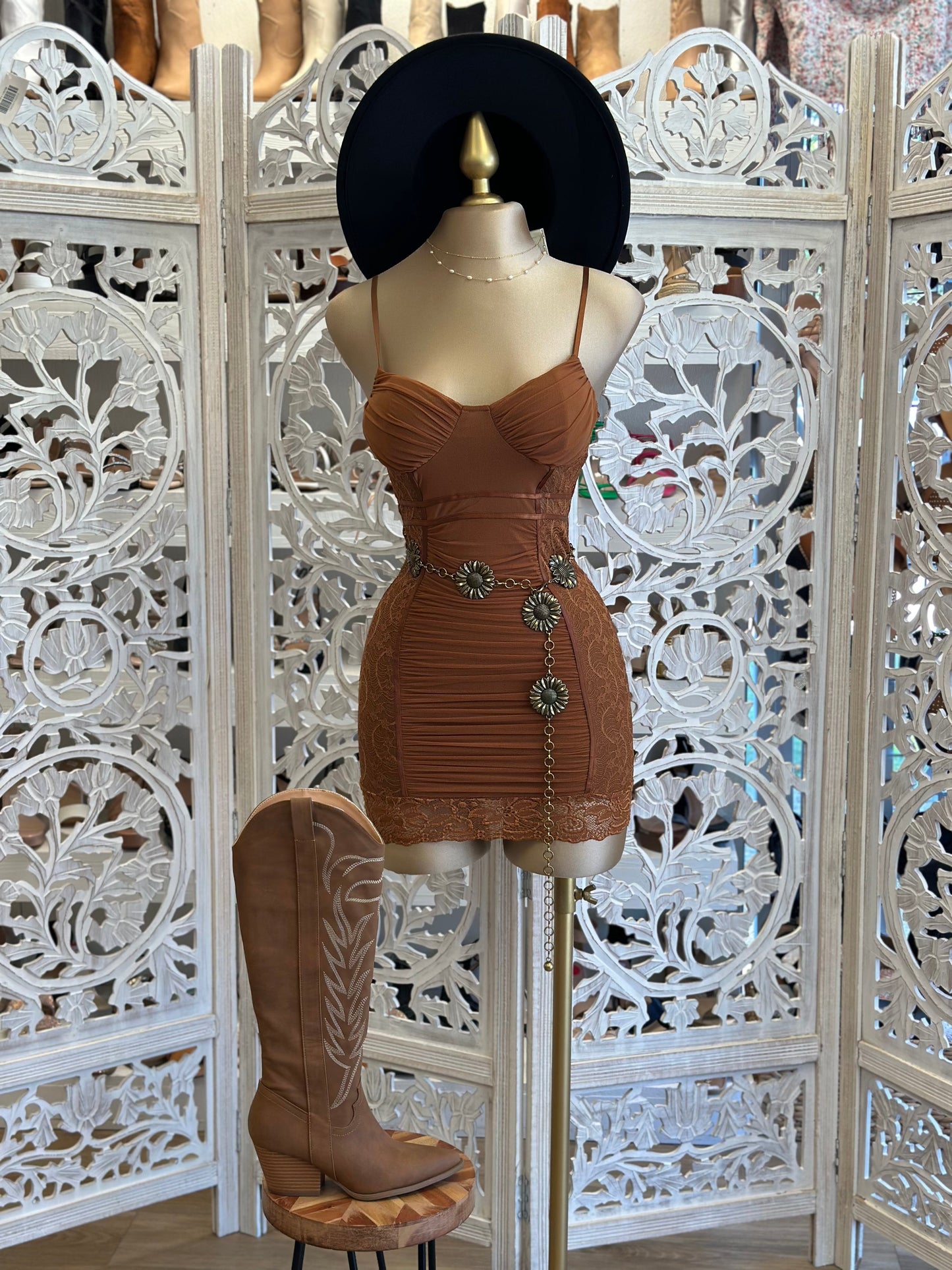 Cognac Lace Trim Mini Dress