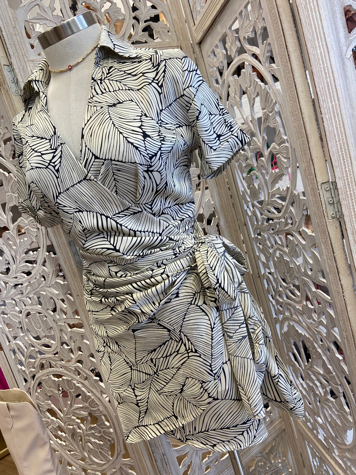 Ivory Wrapped Collard Print Dress