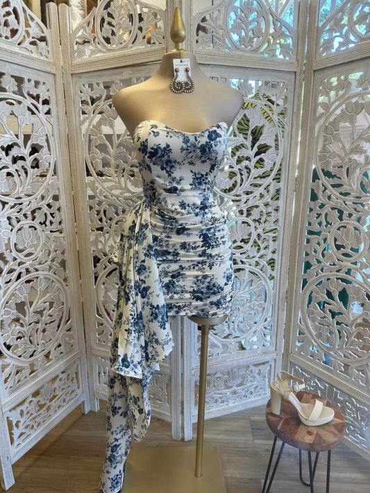 Blue Floral Tailed Mini Dress