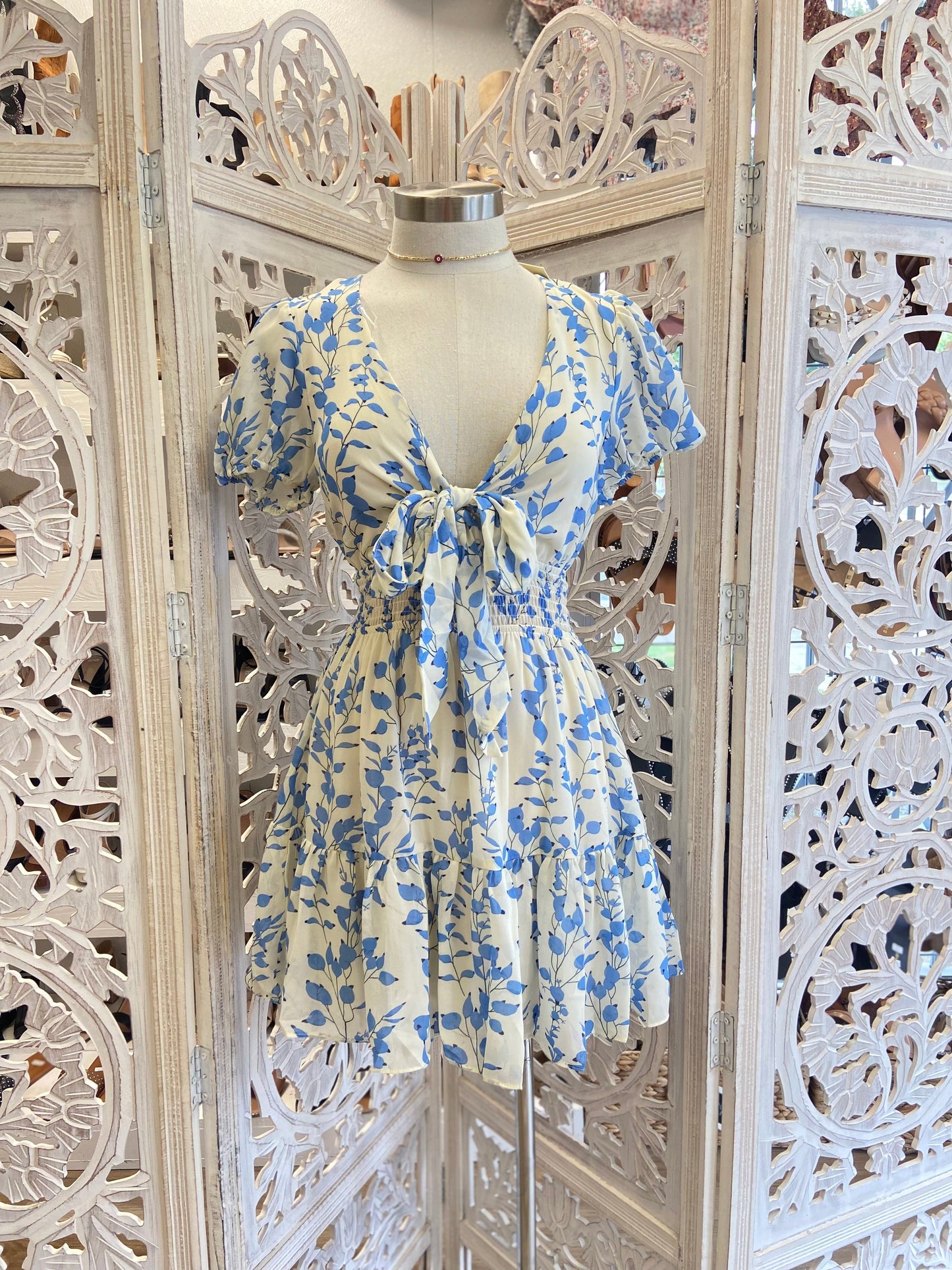 Tie Front Blue Petal Print Dress