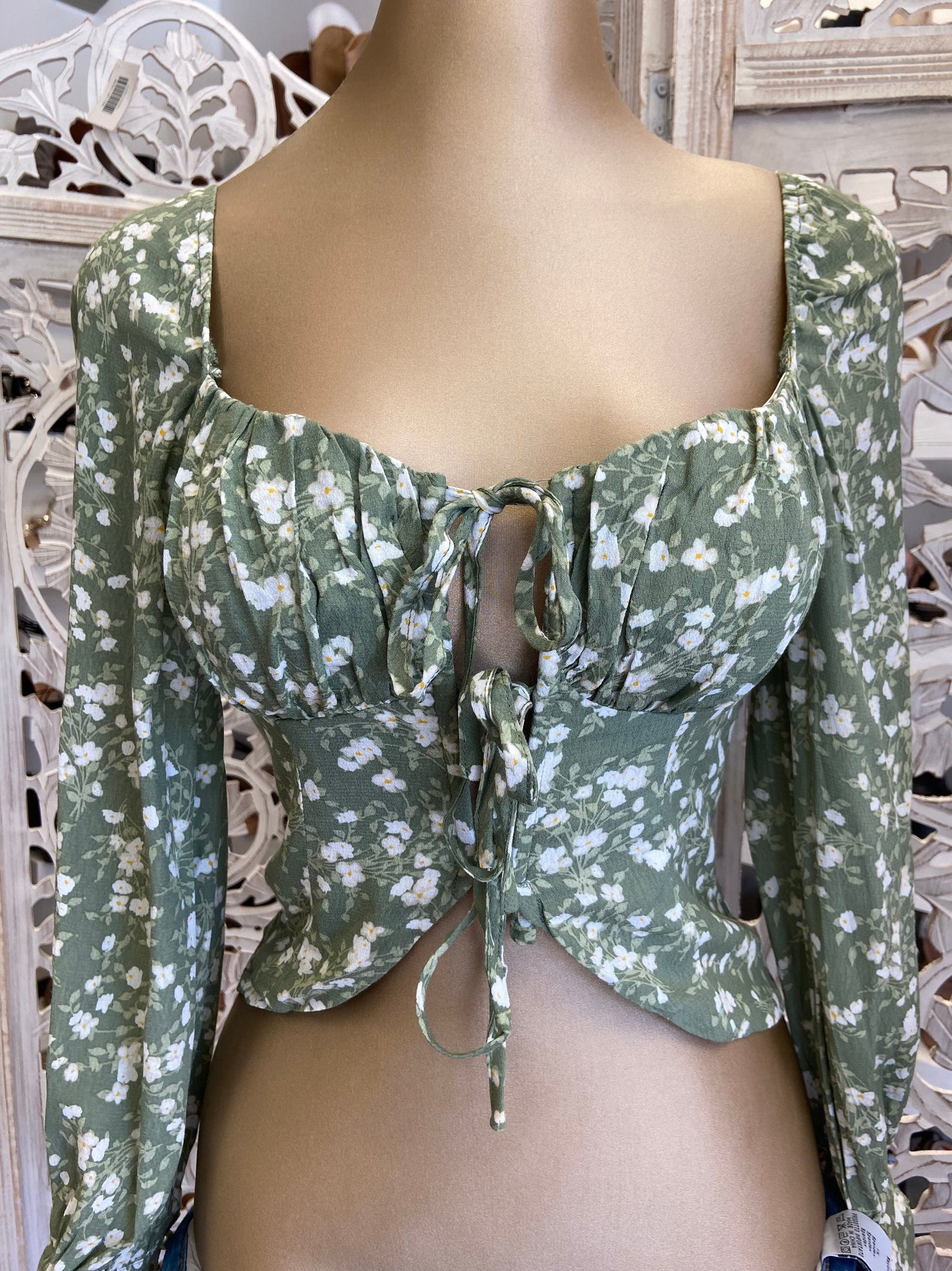 Green Floral Tie Up Top