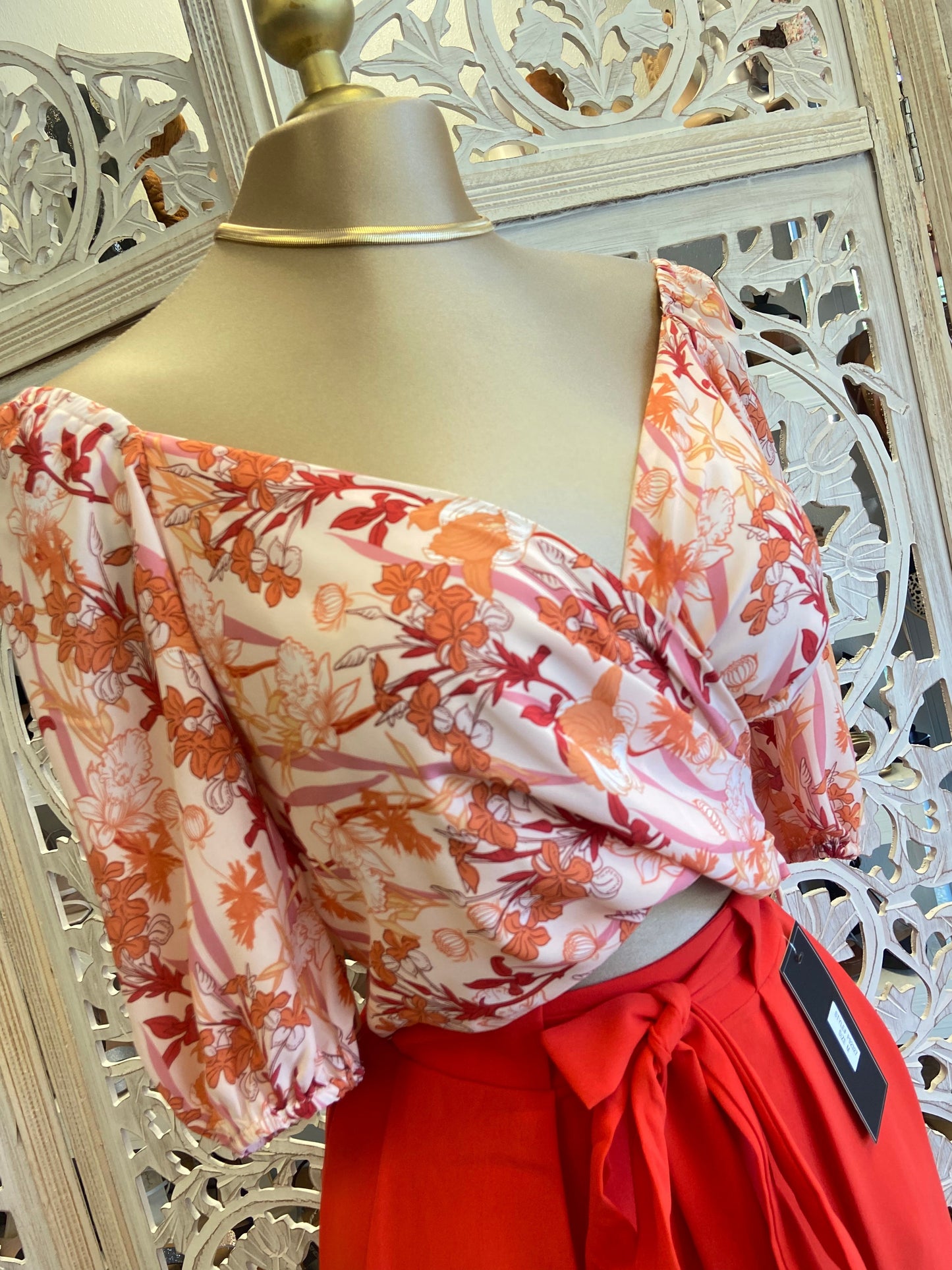 Orange Wrapped Floral Crop Top