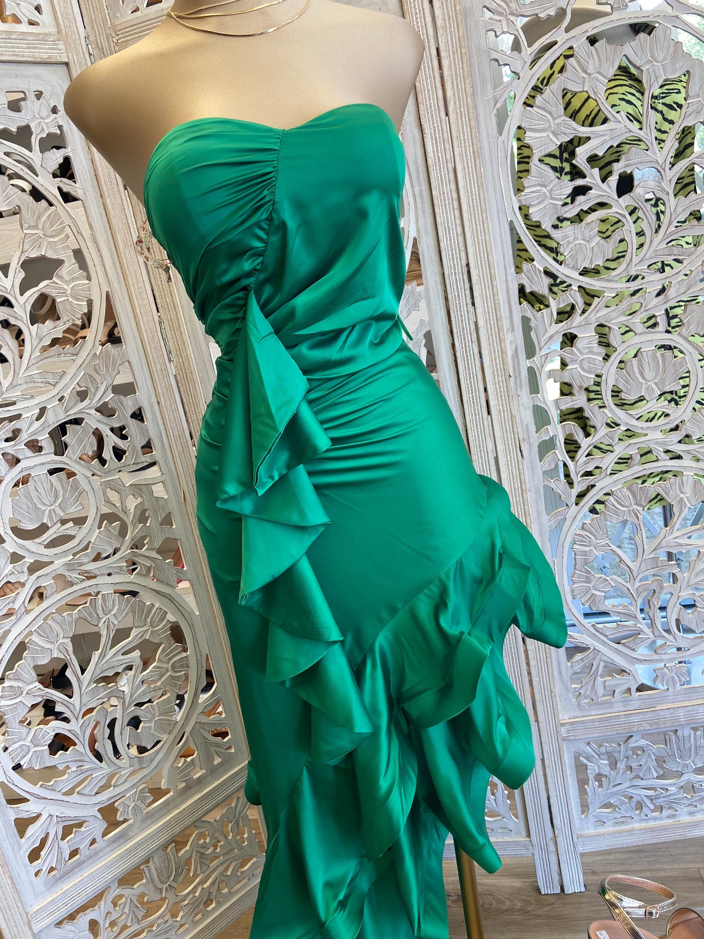 Green Ruffle Strapless Dress