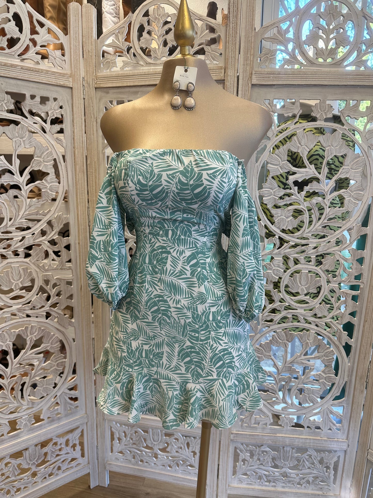 Off Shoulder Leaf Pattern Mini Dress