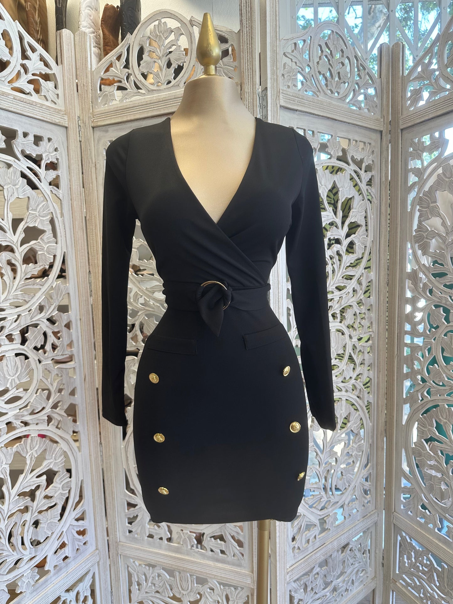 Black Wrapped Button Detail Dress