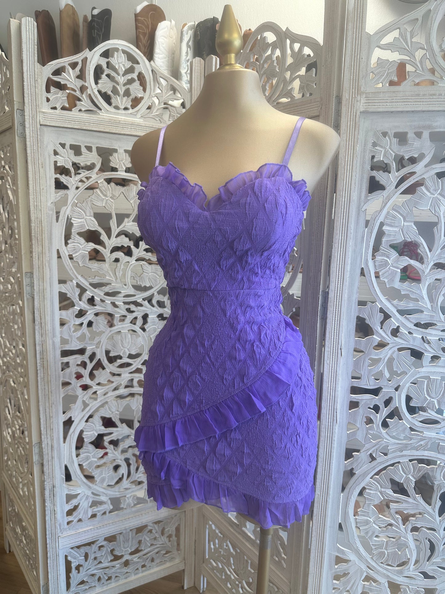 Purple Diamond Pattern Ruffle Dress