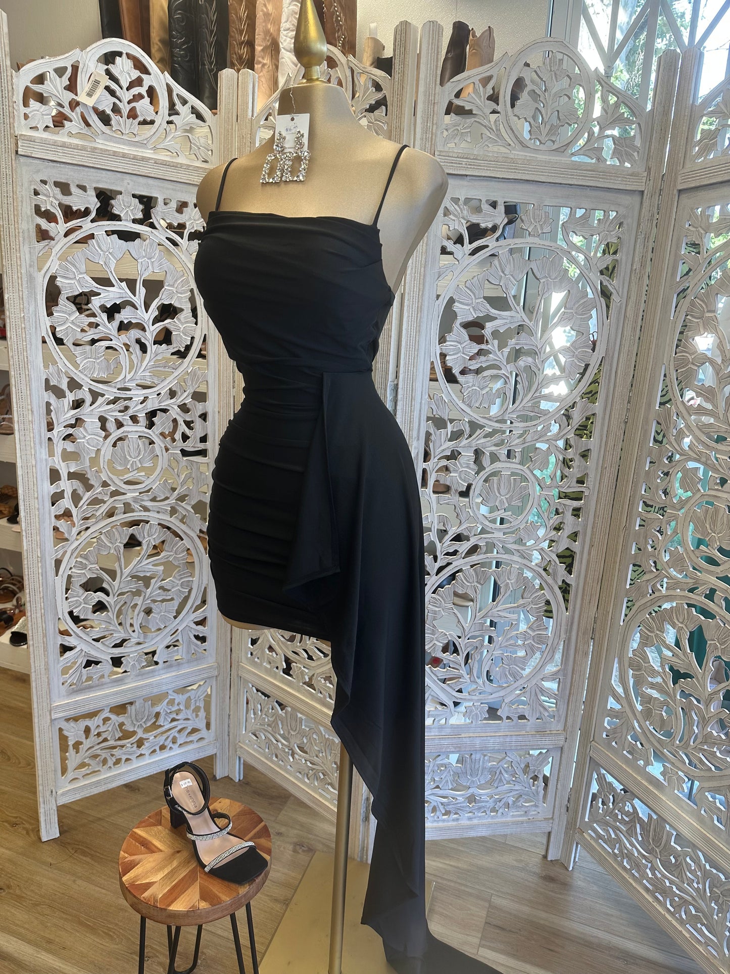 Black Strappy Ruched Tailed Dress