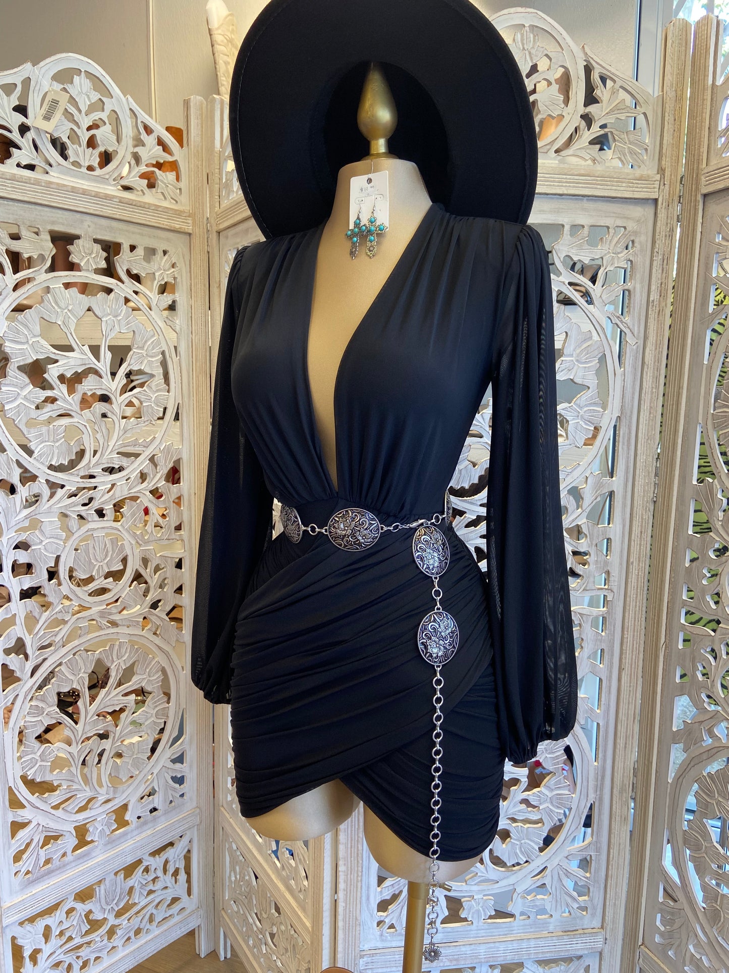 Black Wrapped Deep V Mini Dress