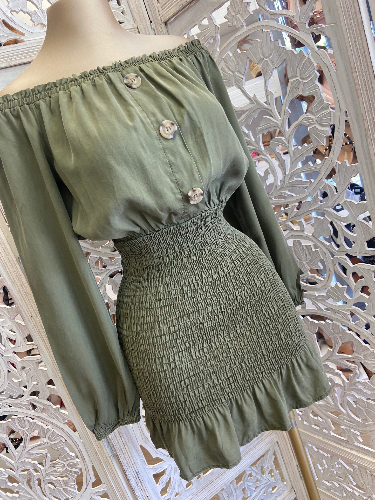 Olive Smocked Off Shoulder Dress