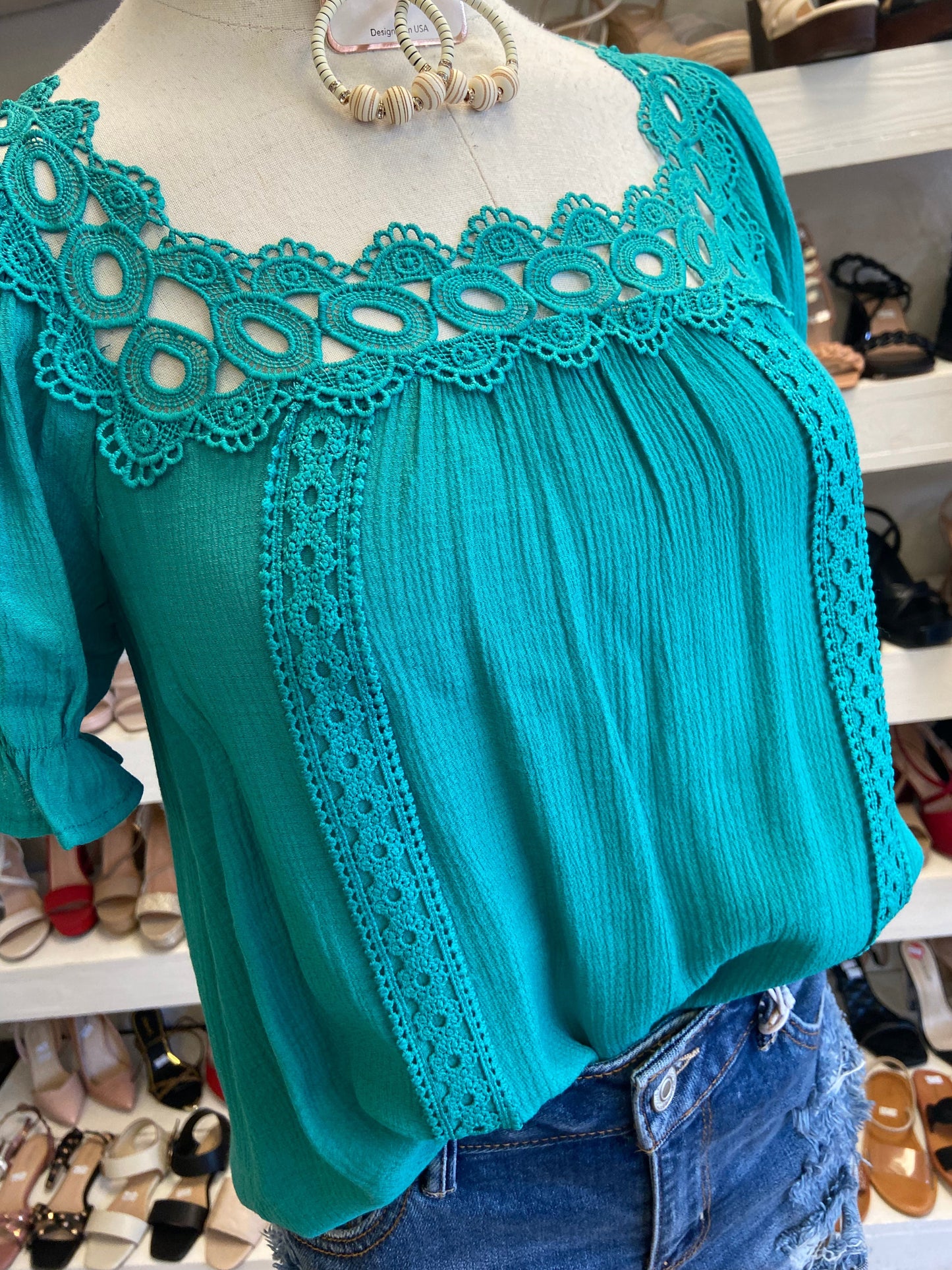 Turquoise Lace Trim Blouse