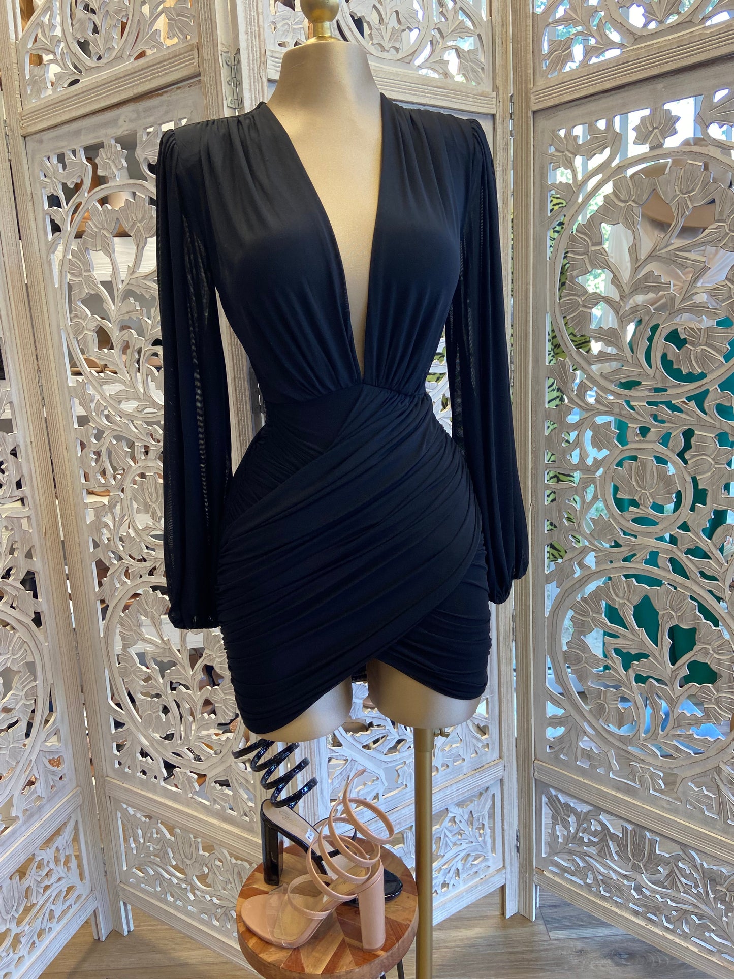 Black Wrapped Deep V Mini Dress