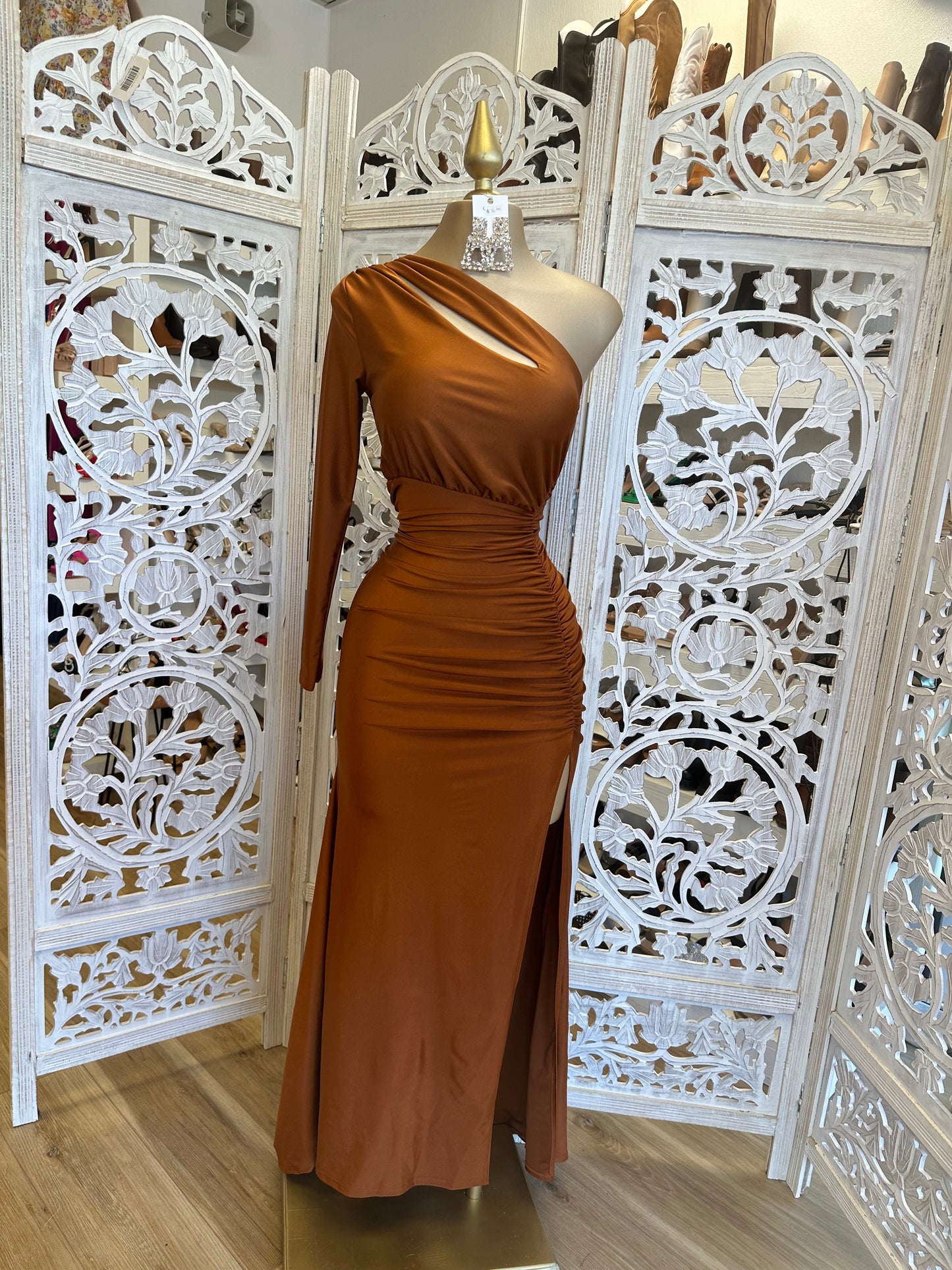 Copper One Sleeve Cutout Dress