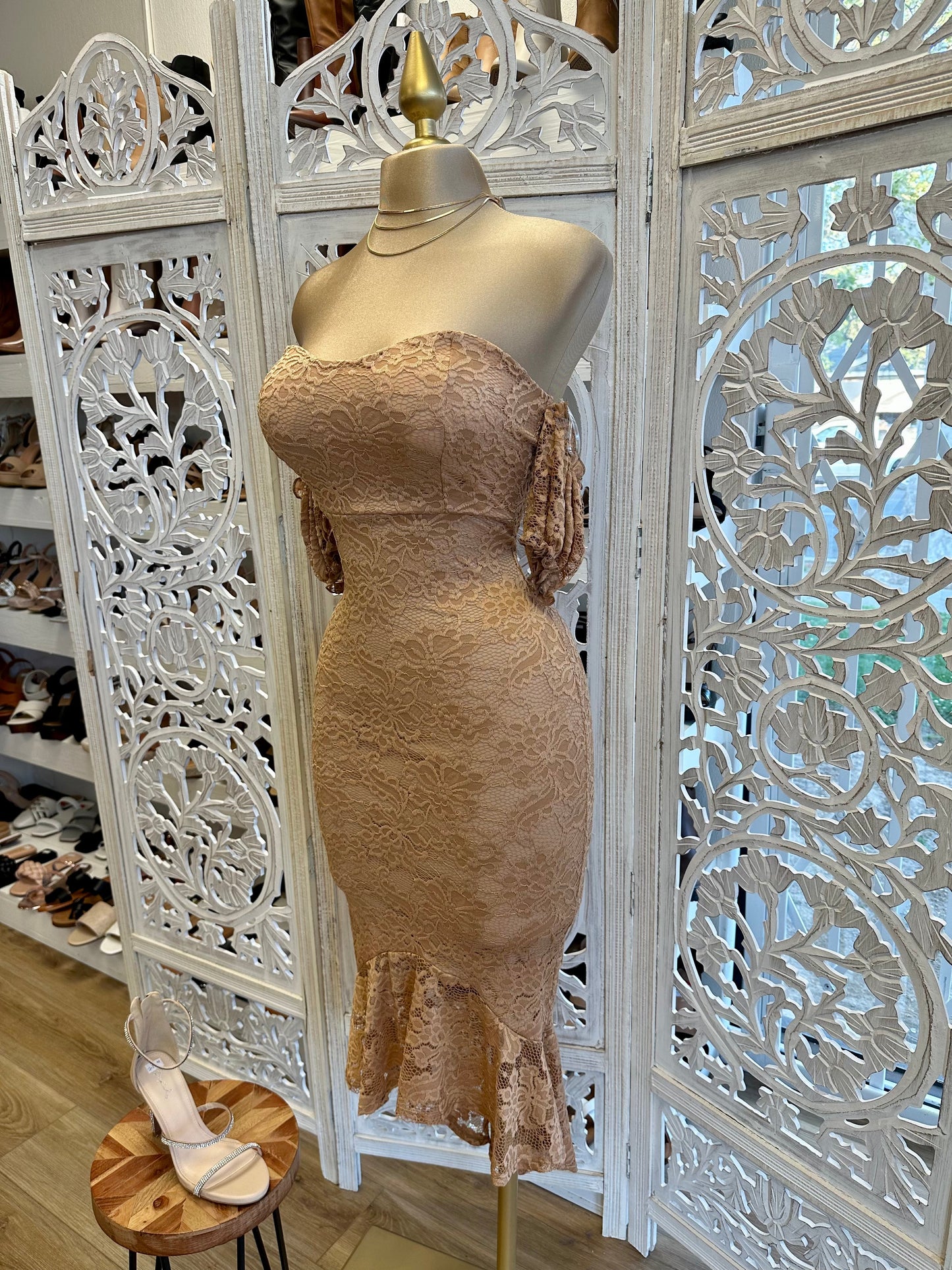 Nude Lace Midi Off Shoulder Dress