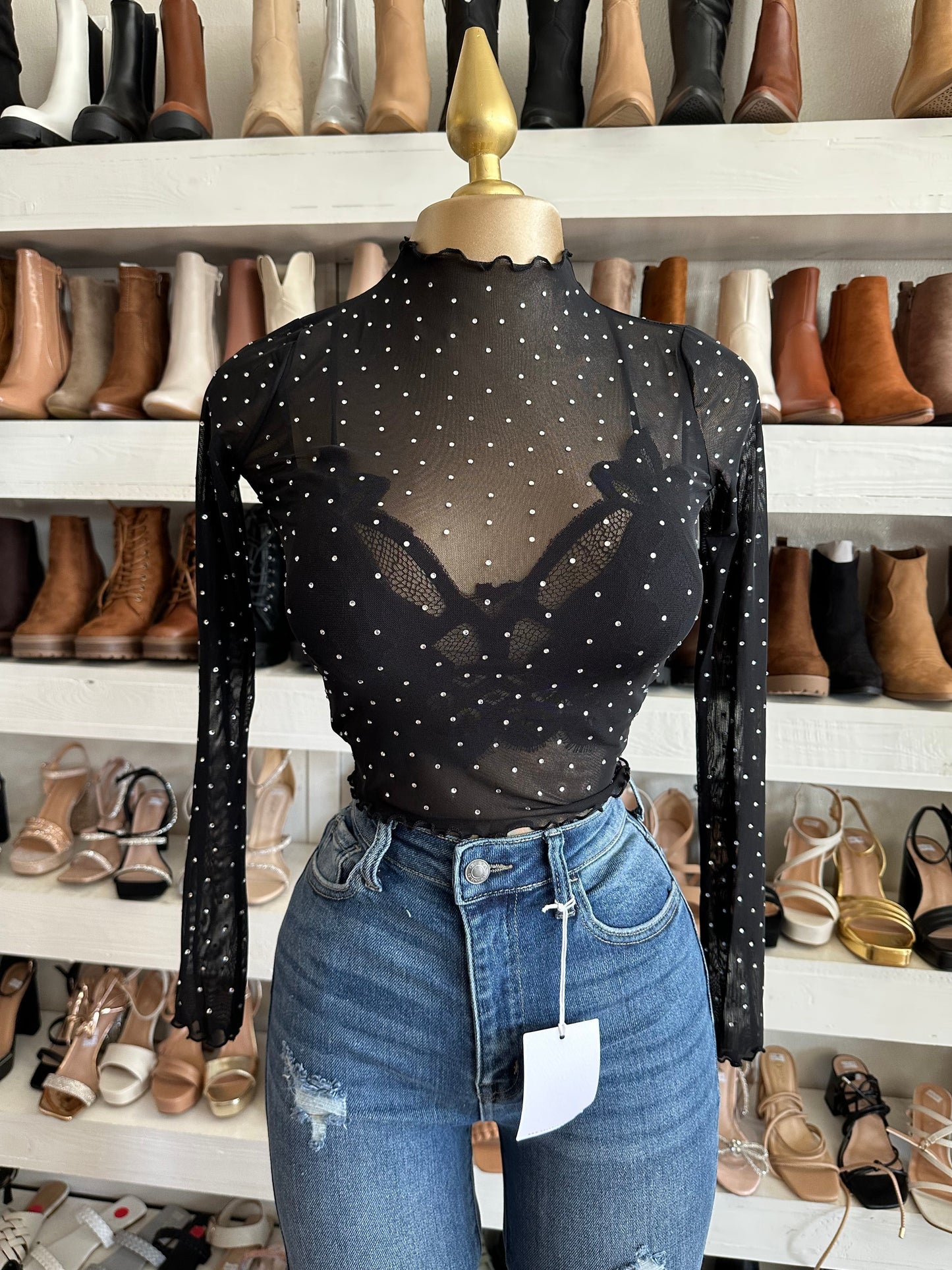 Rhinestone Mesh Mock Top