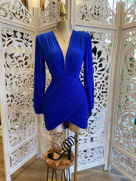 Royal Blue Wrapped Deep V Mini Dress