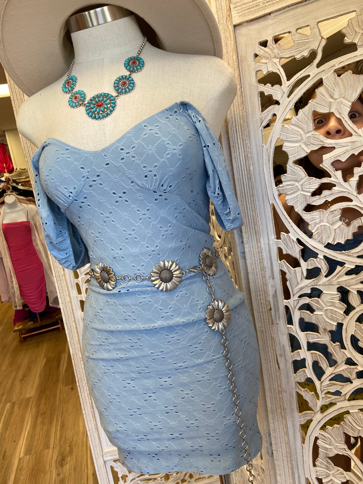 Blue Eyelet Body Con Dress