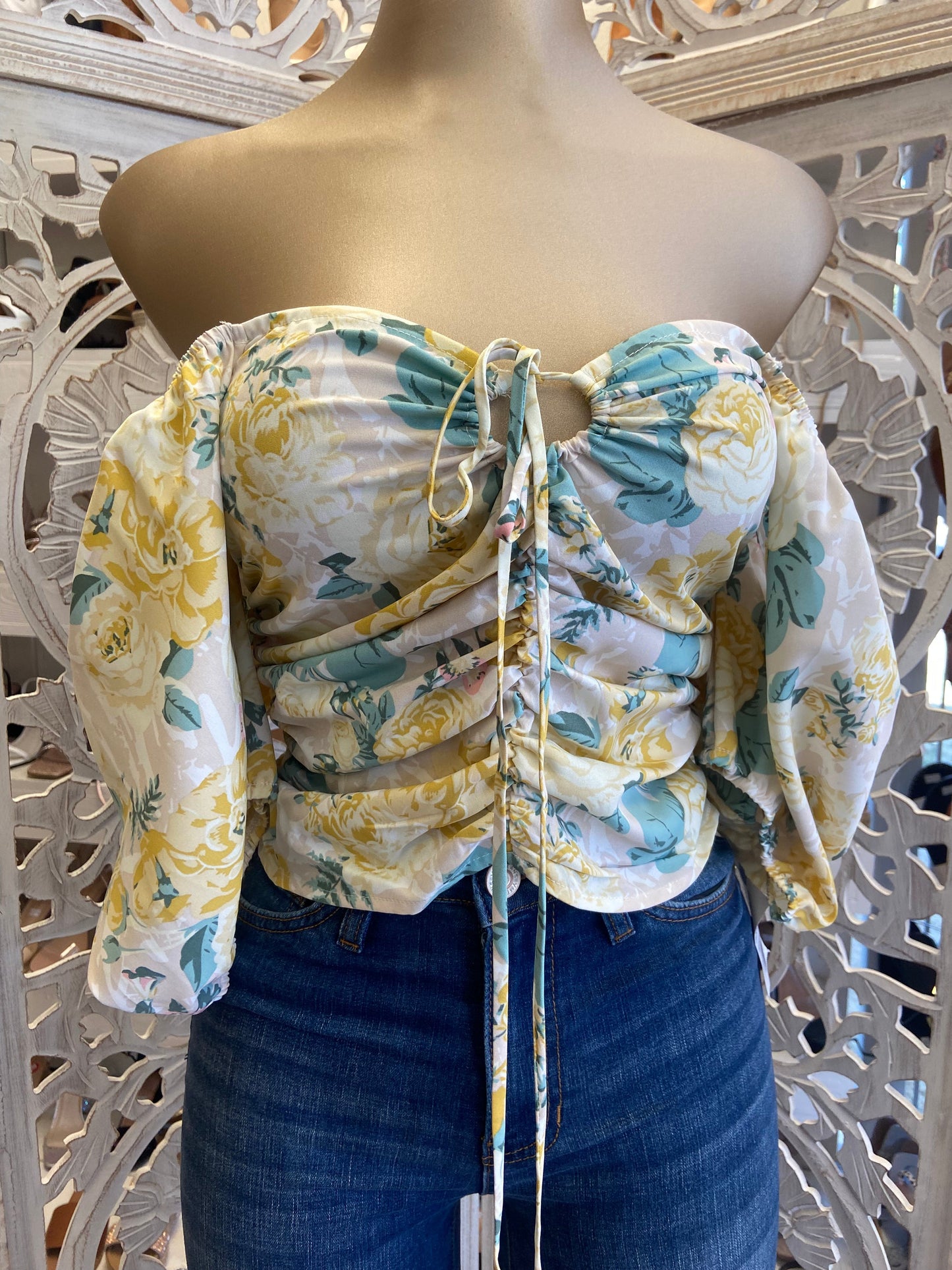 Turquoise Scoop Back Floral Blouse