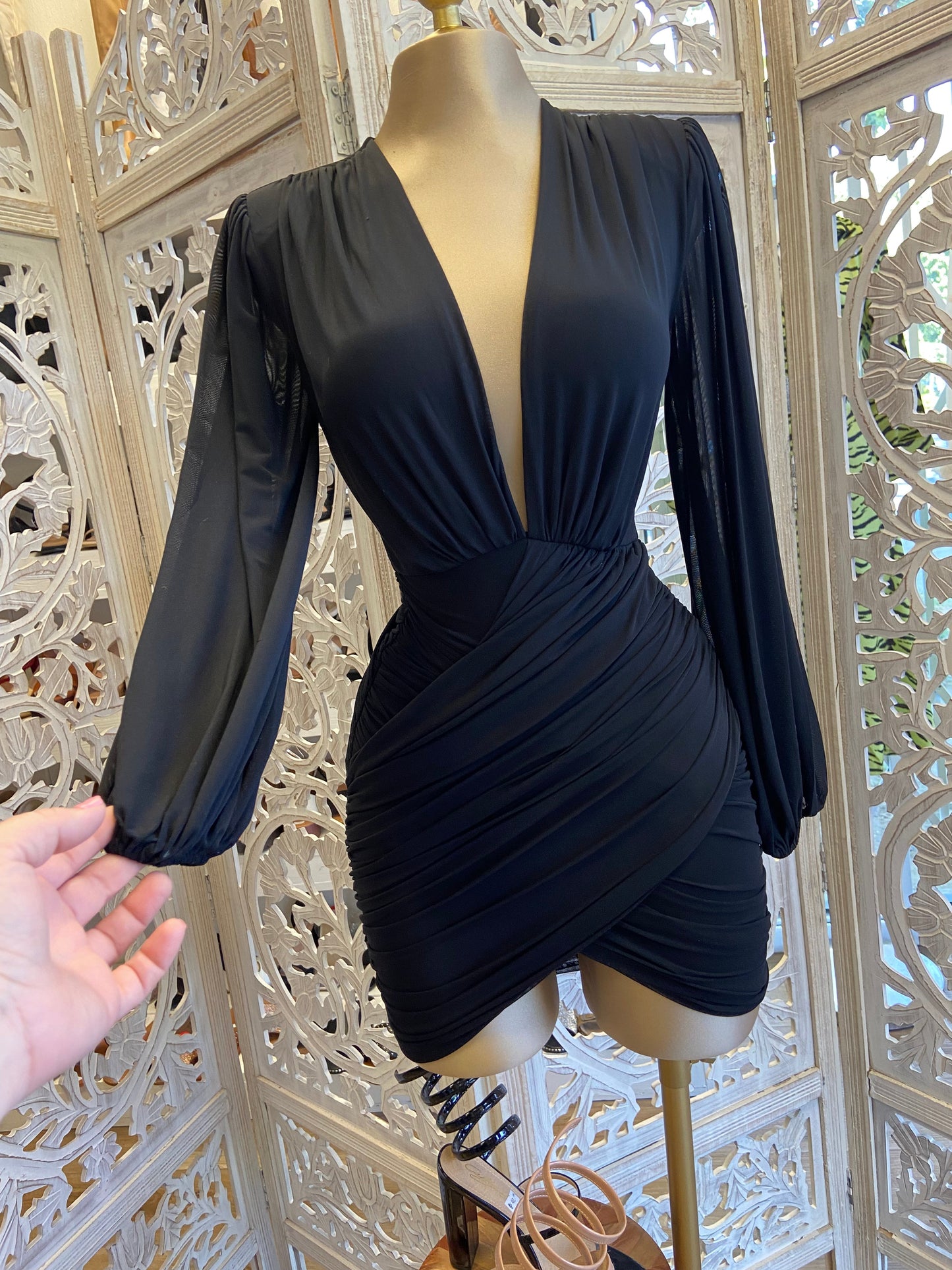 Black Wrapped Deep V Mini Dress