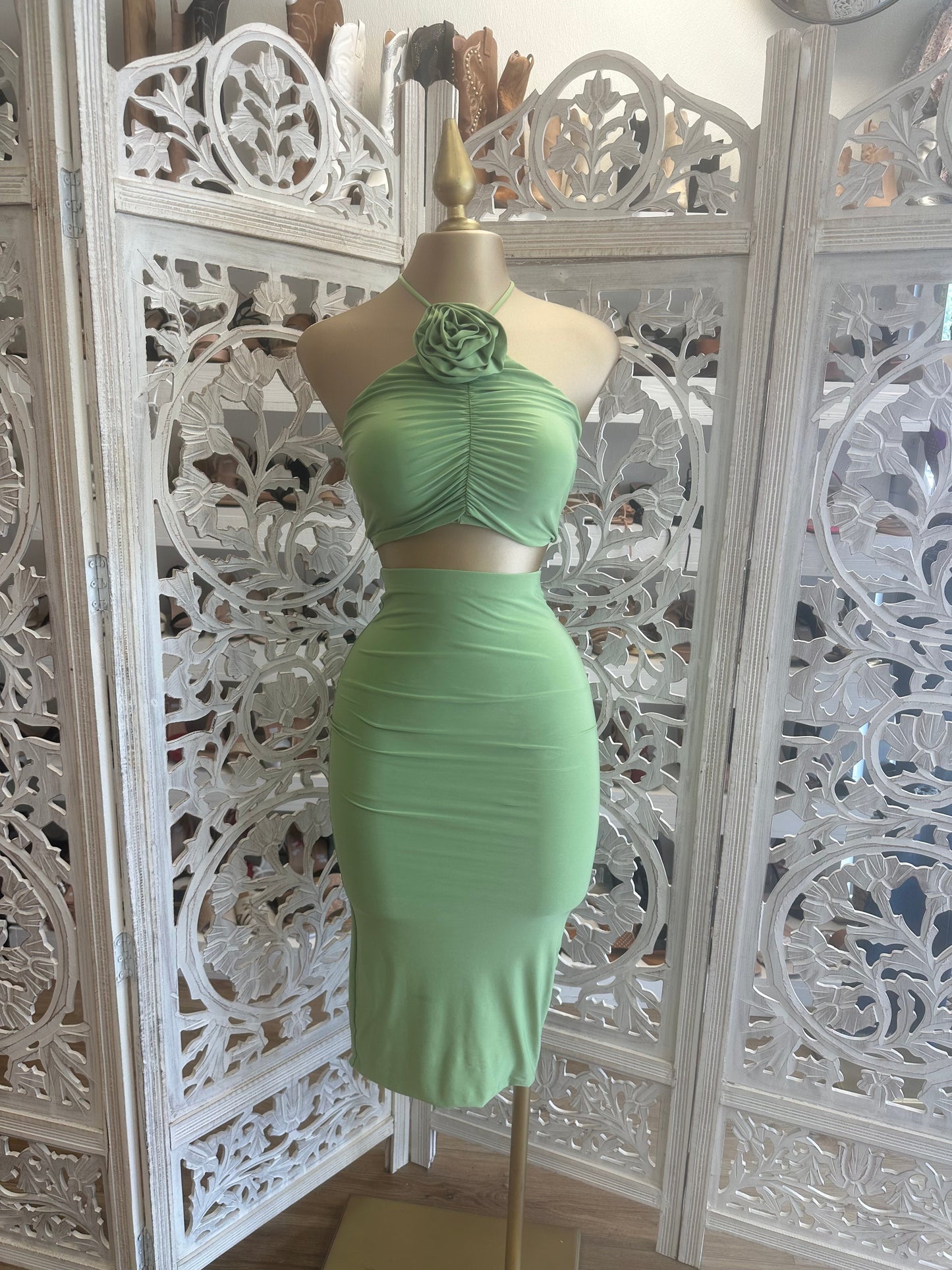 Green Flower Detail Ruched Set