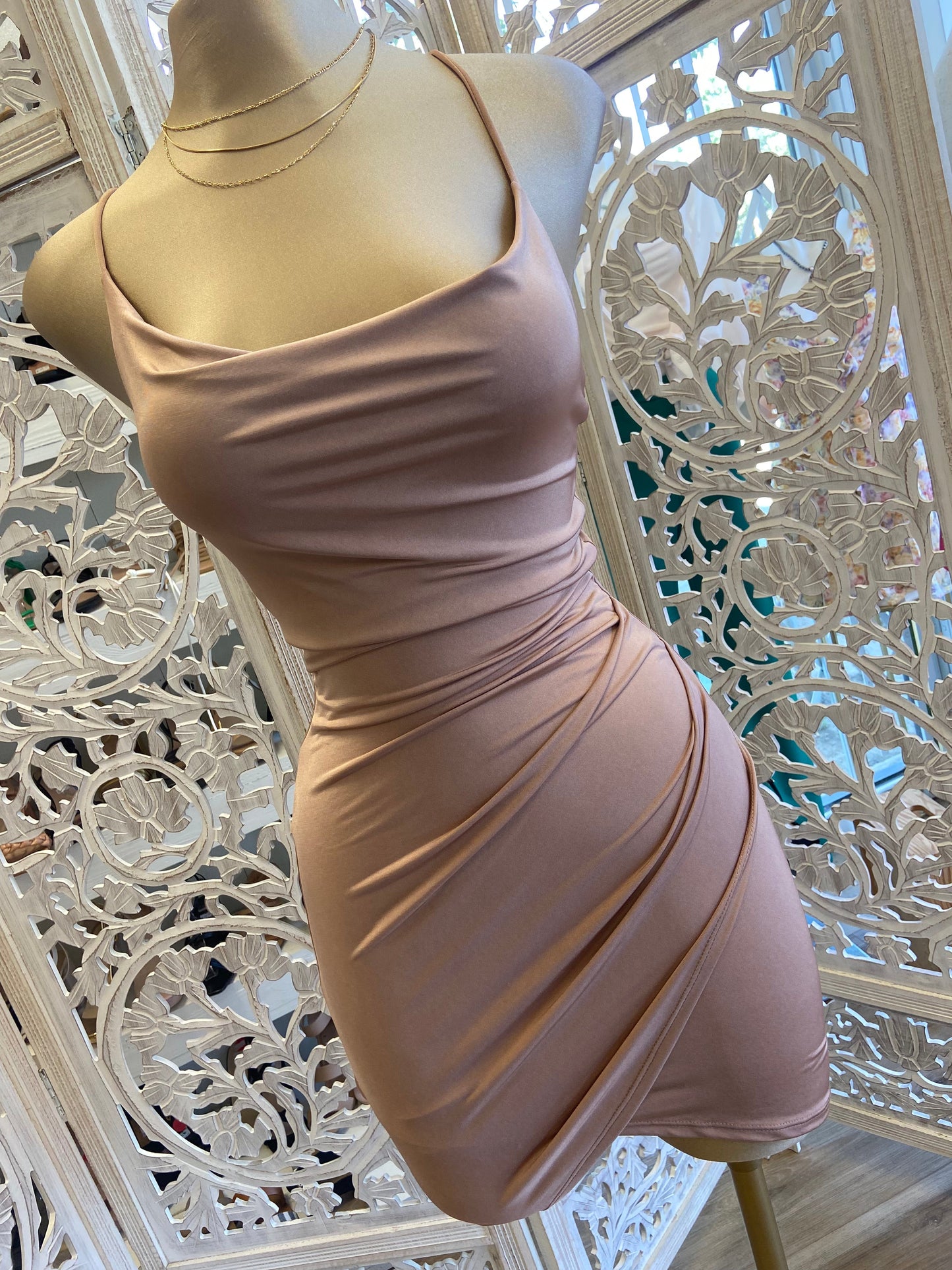 Beige Mini Cowl Dress