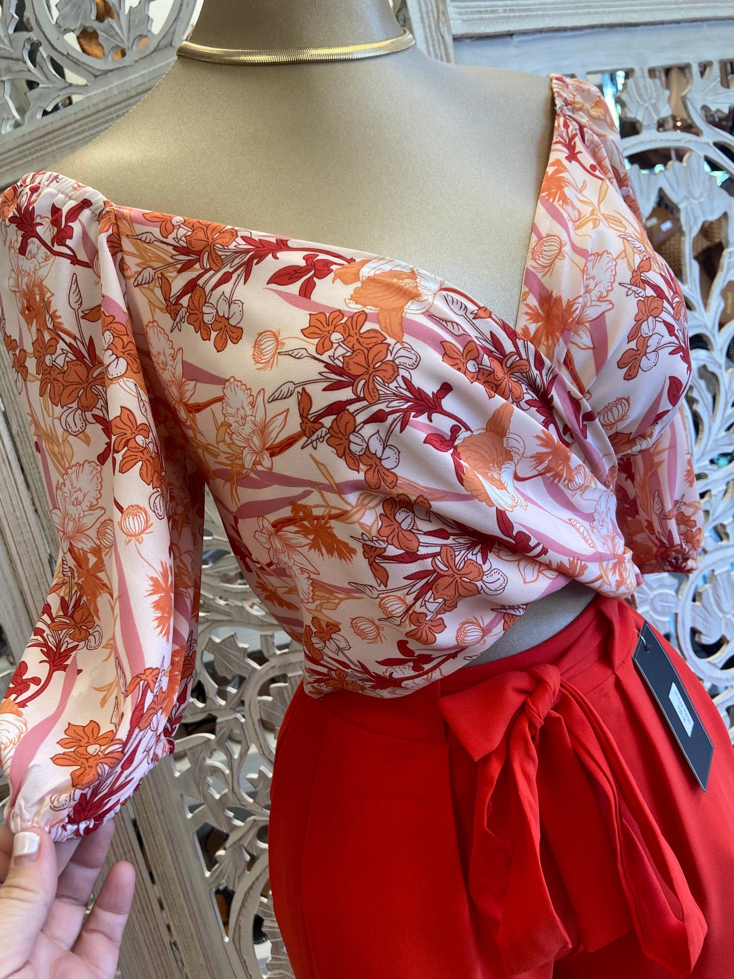 Orange Wrapped Floral Crop Top