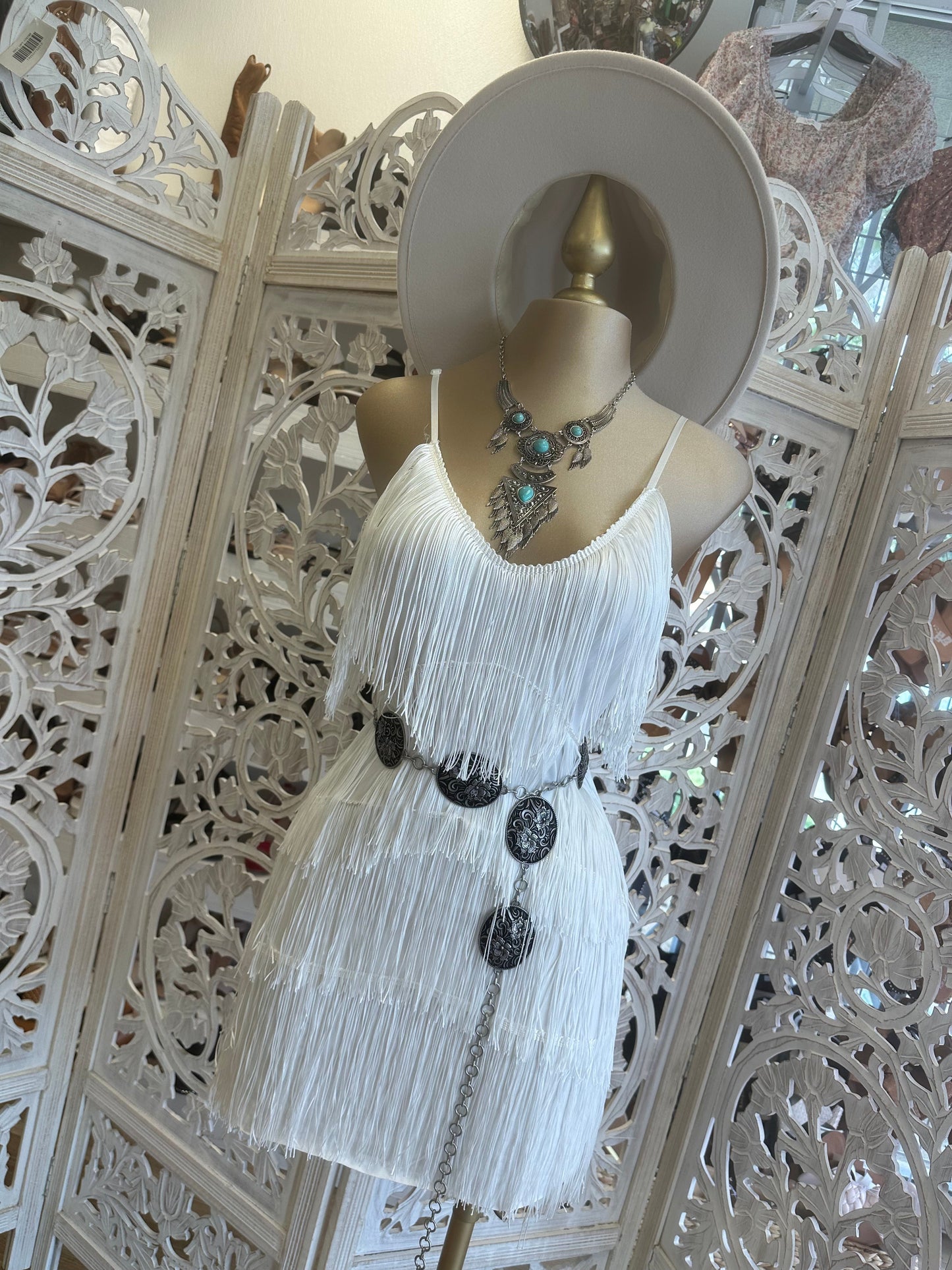 White Strappy Fringe Dress