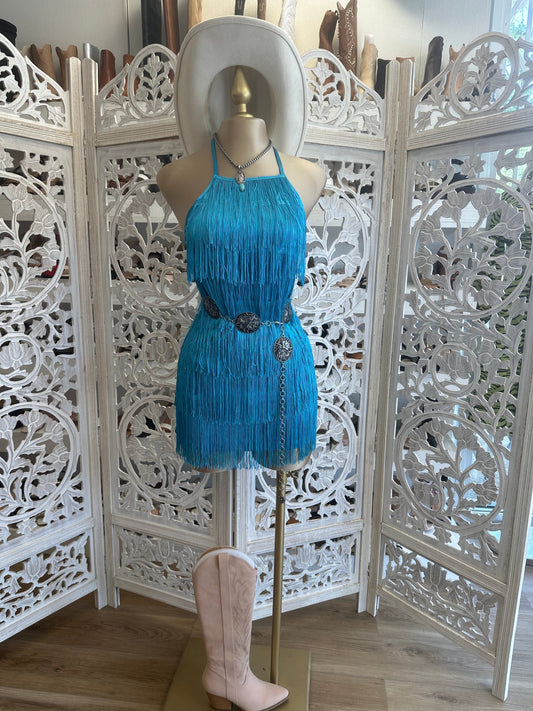 True Blue Halter Fringe Dress