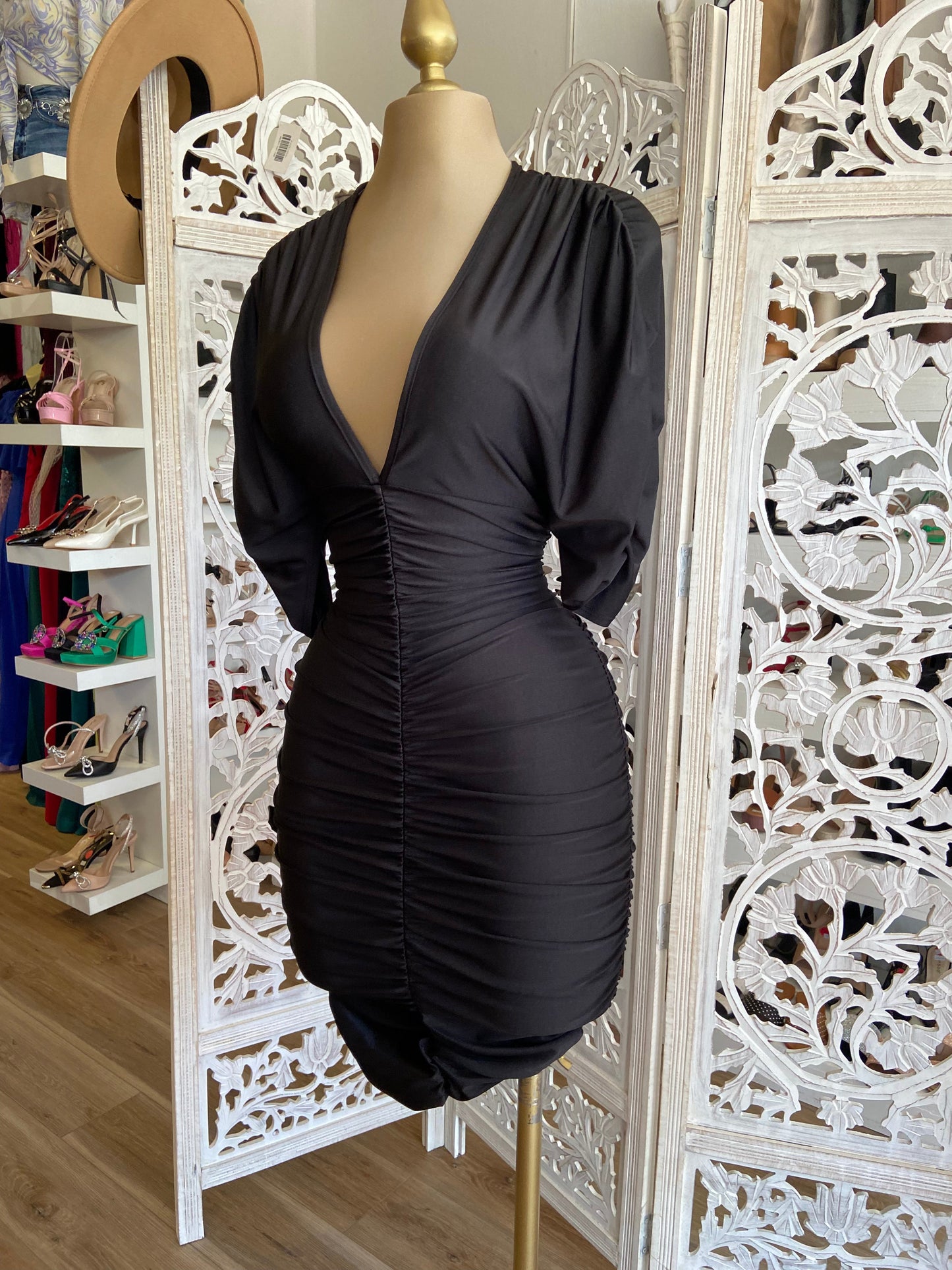 Black Ruched V neck Dress