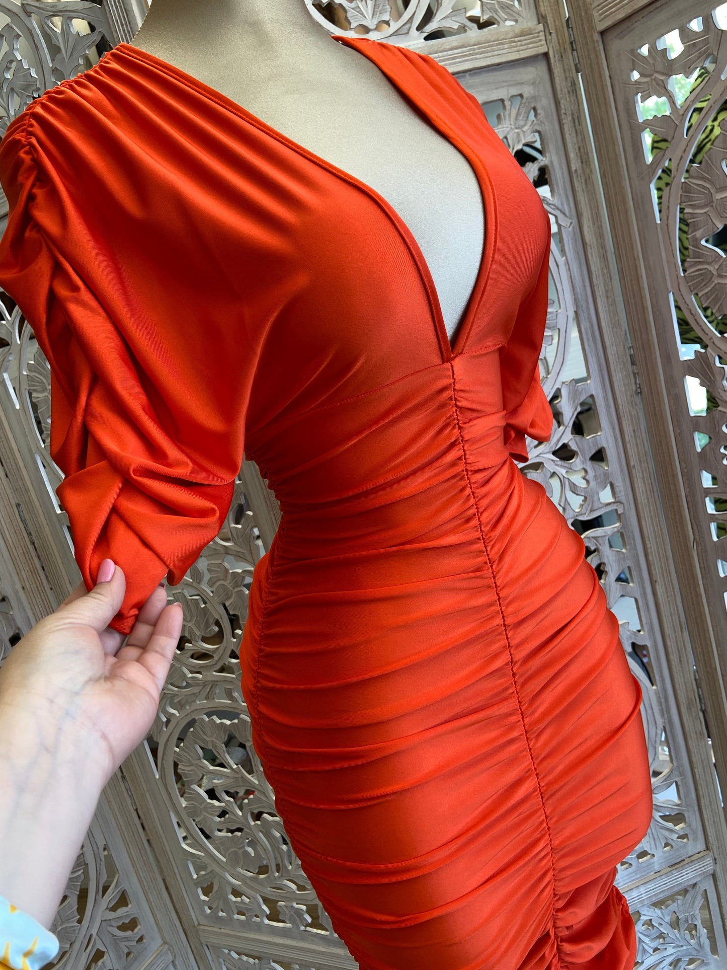 Orange Ruched V neck Dress