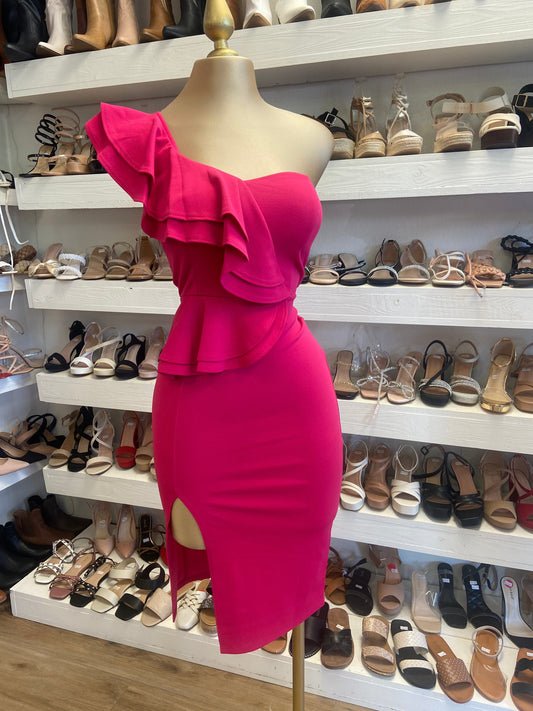 Hot Pink Ruffle Slit Dress