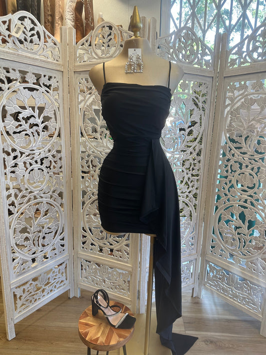 Black Strappy Ruched Tailed Dress