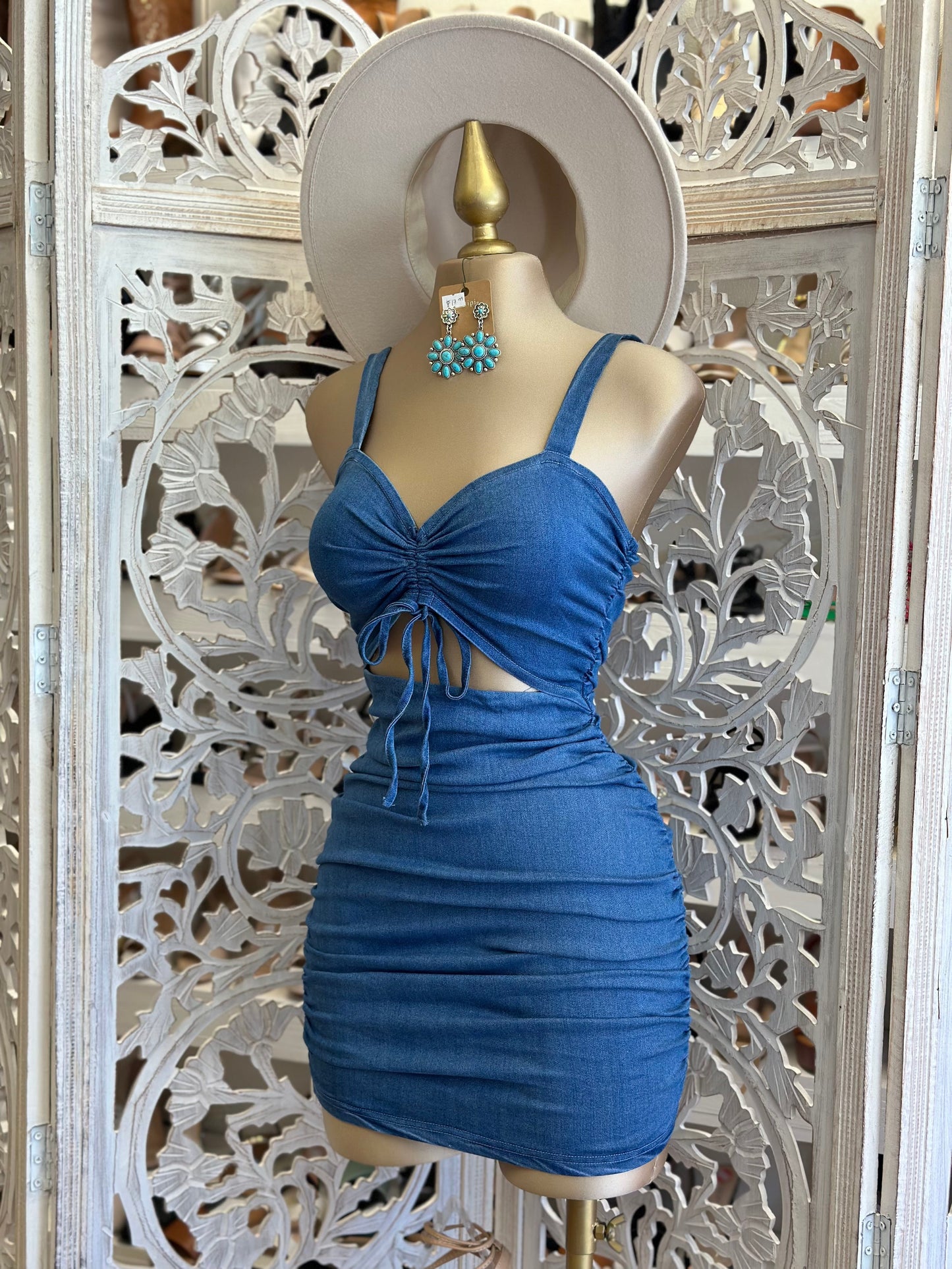 Denim Scrunched Cutout Dress