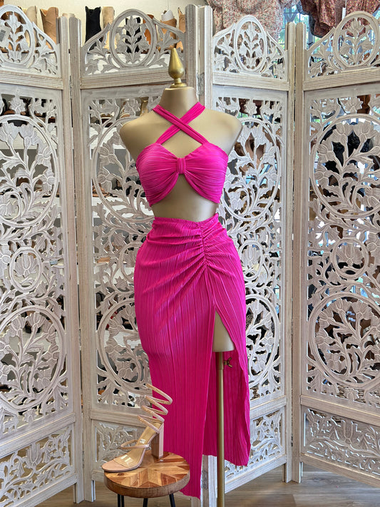 Hot Pink Crossfront Pleated Set