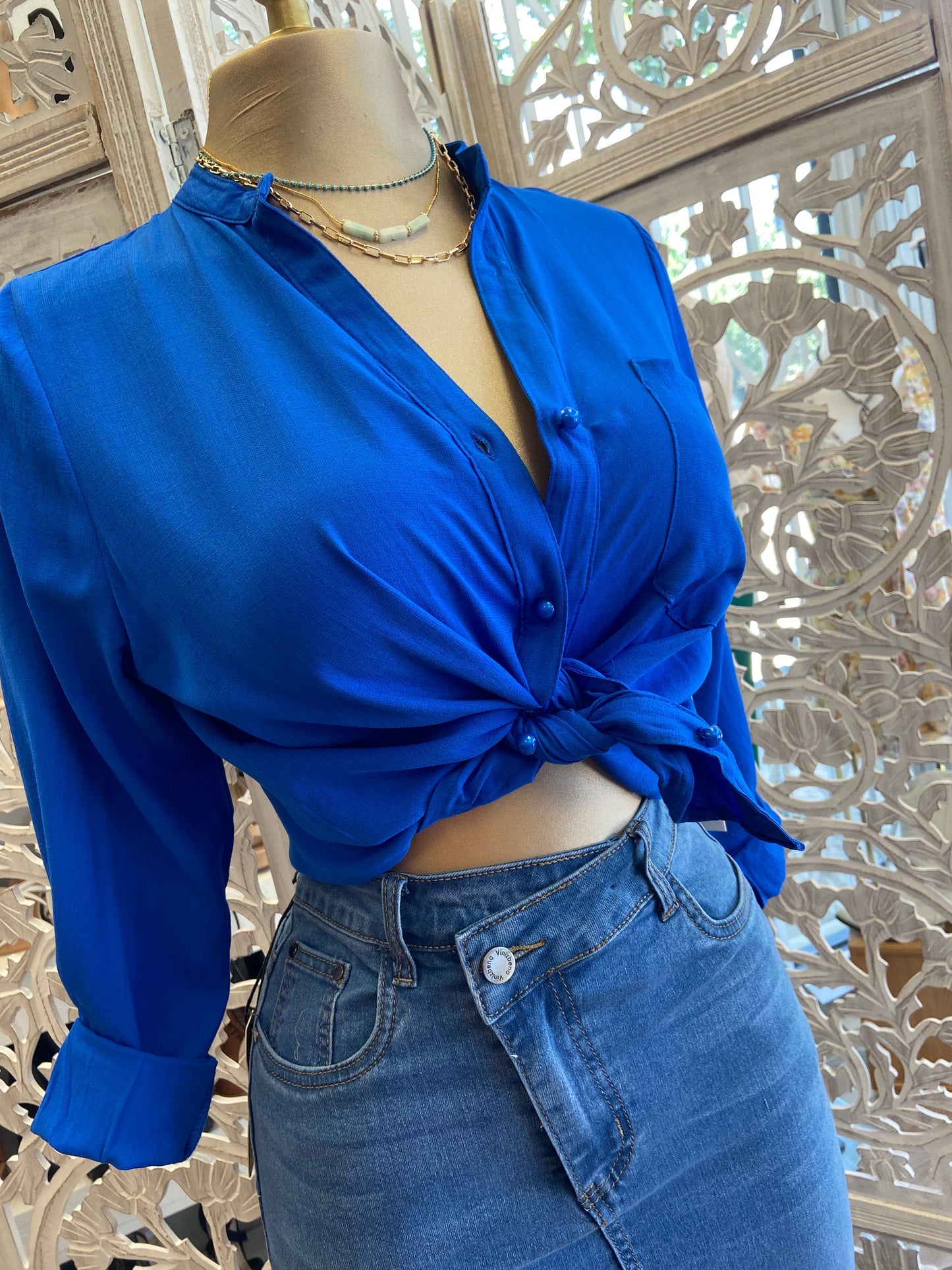 Blue Pearl Button Top