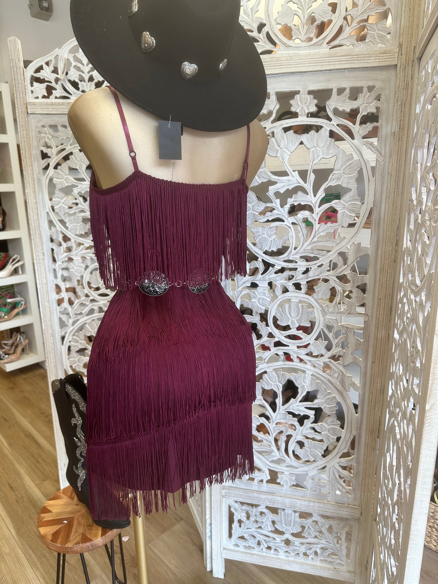 Burgundy Strappy Fringe Dress