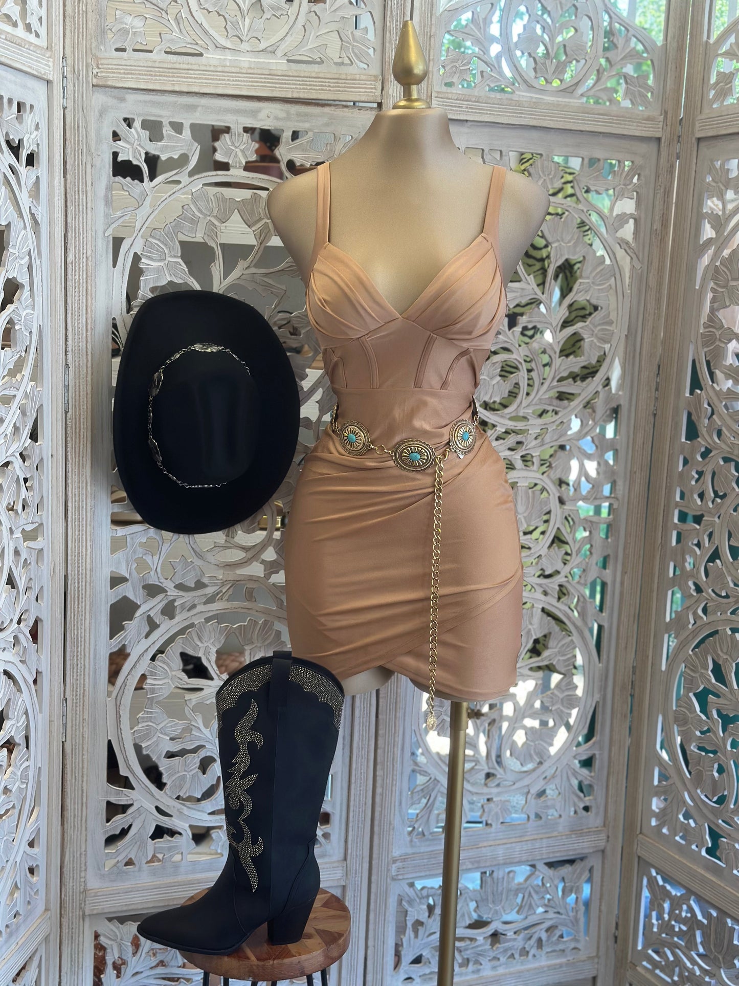 Nude V Lined Mini Dress